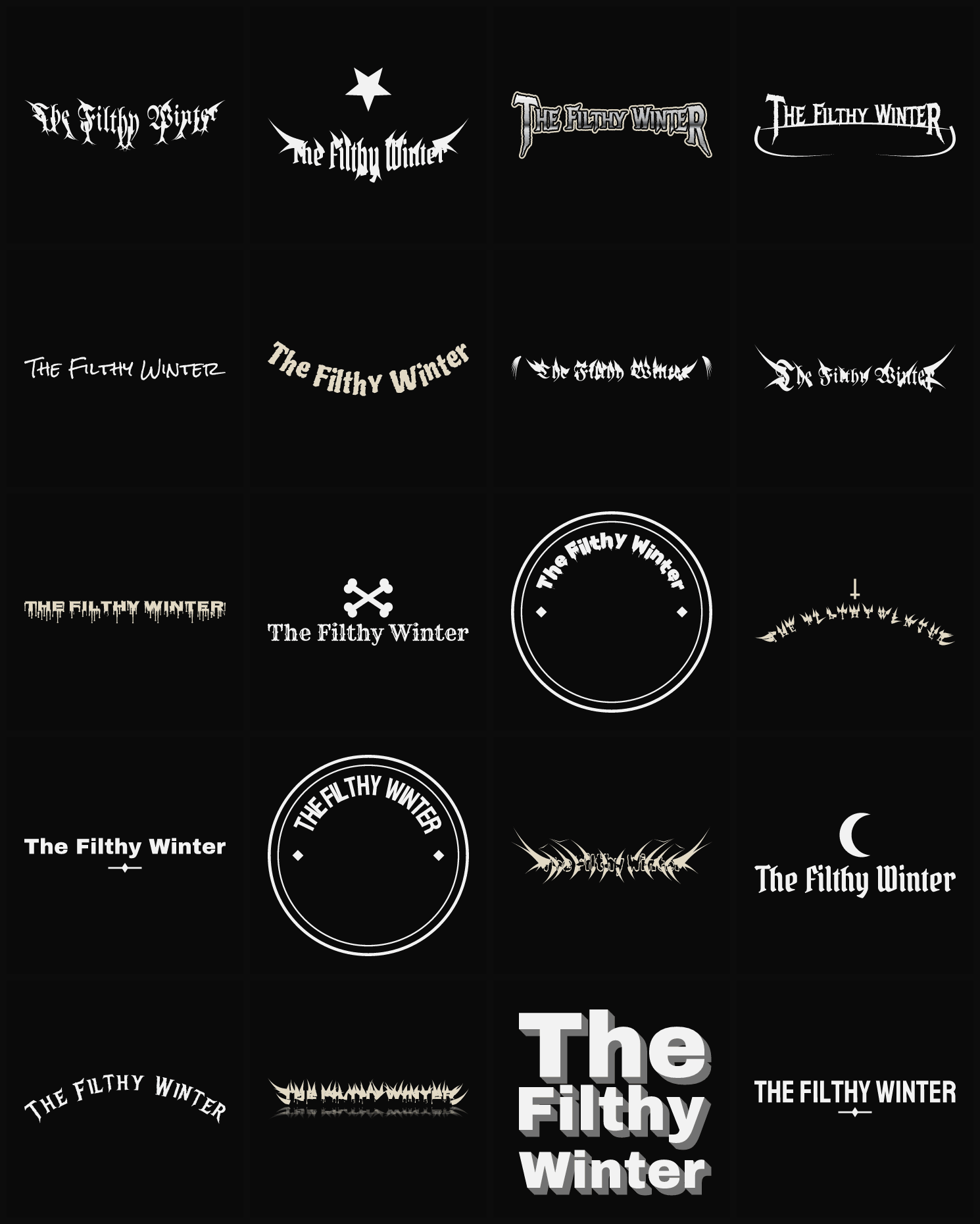 Twenty The Filthy Winter band logo ideas — different faces, treatments and spike settings