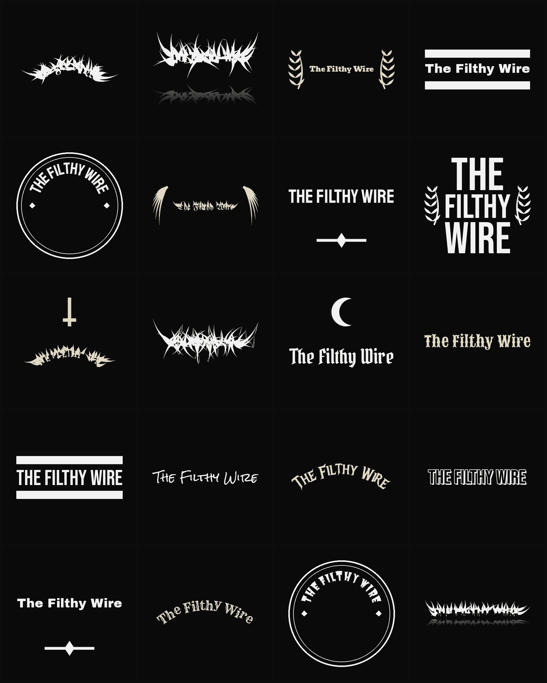 Twenty The Filthy Wire band logo ideas — different faces, treatments and spike settings