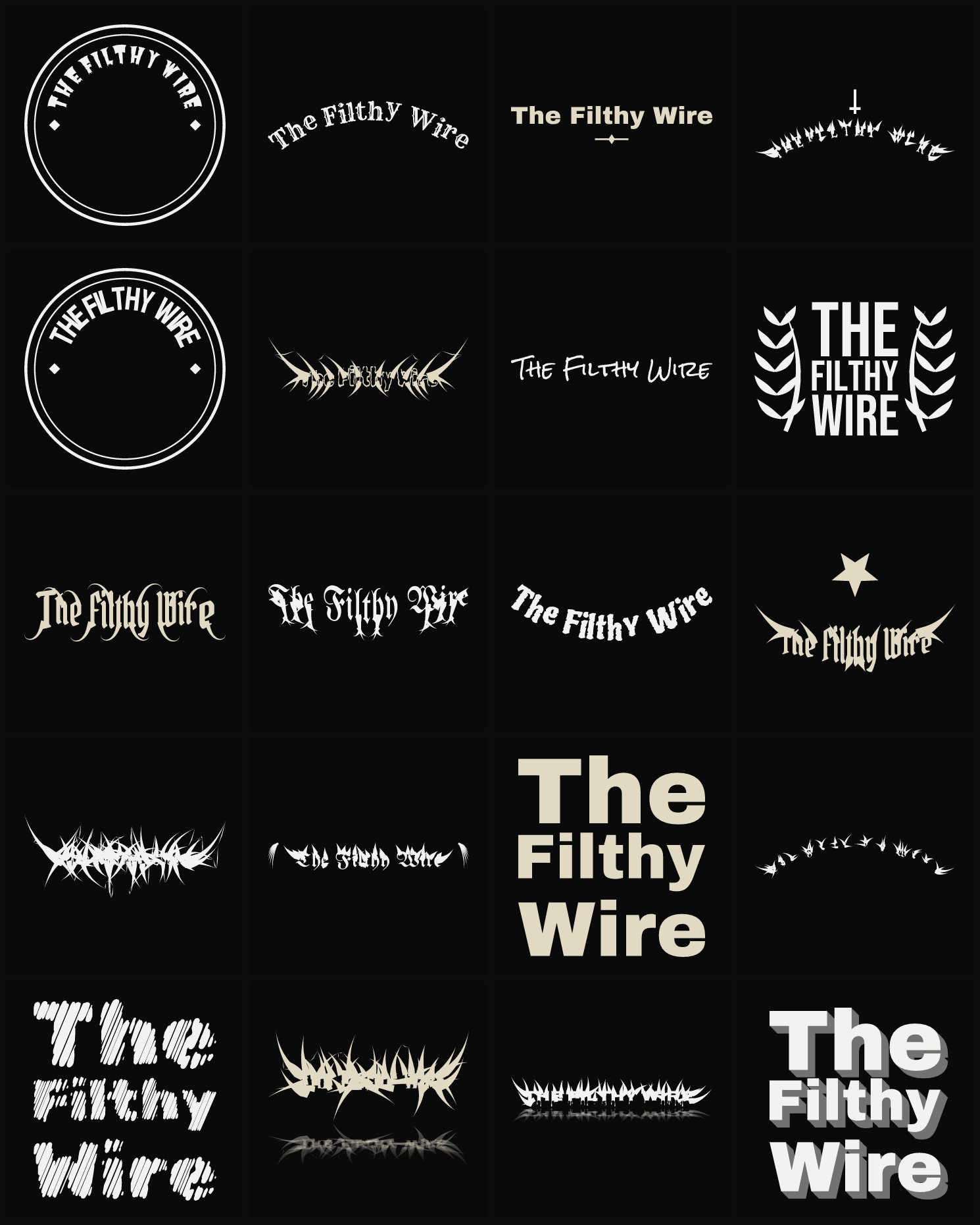 Twenty The Filthy Wire band logo ideas — different faces, treatments and spike settings