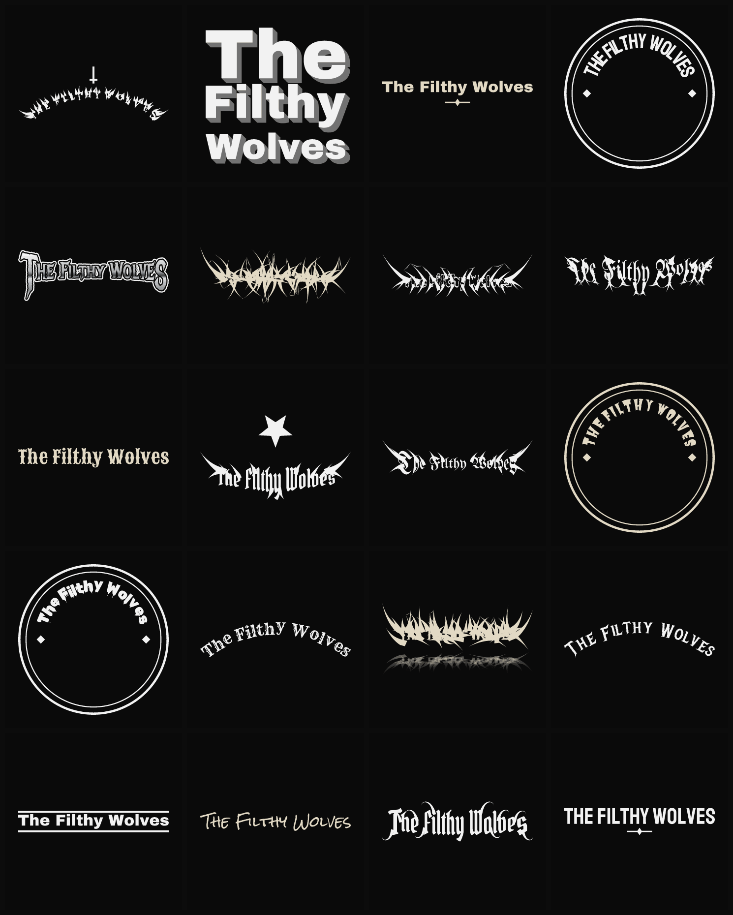 Twenty The Filthy Wolves band logo ideas — different faces, treatments and spike settings