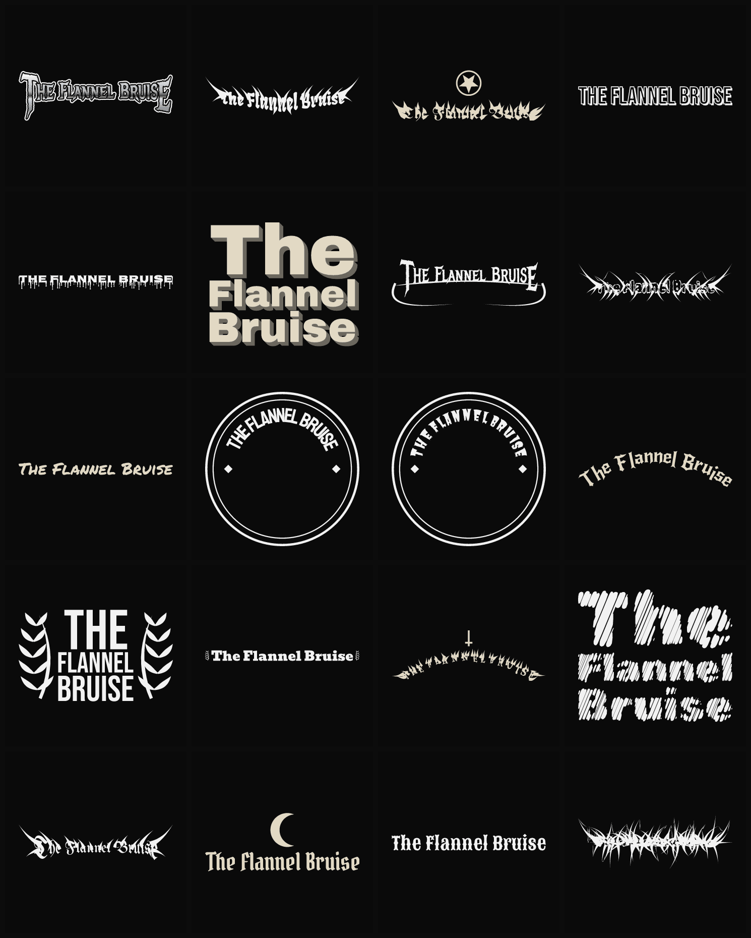 Twenty The Flannel Bruise band logo ideas — different faces, treatments and spike settings