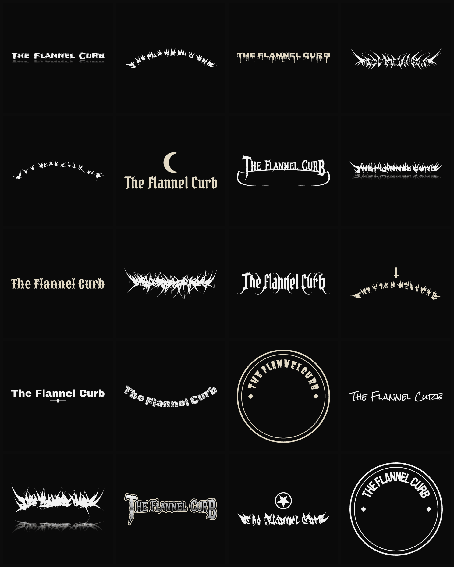 Twenty The Flannel Curb band logo ideas — different faces, treatments and spike settings