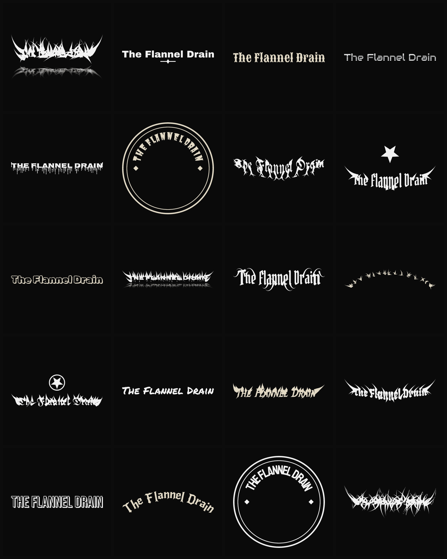 Twenty The Flannel Drain band logo ideas — different faces, treatments and spike settings