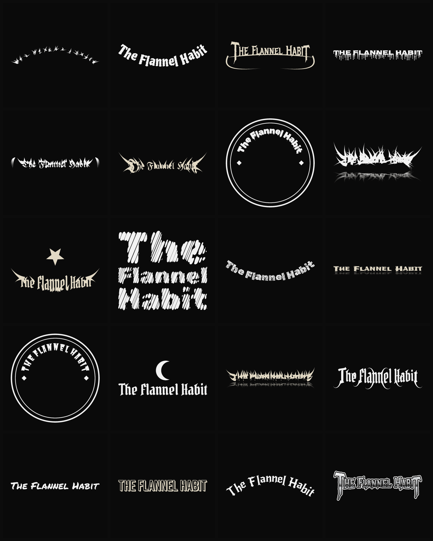 Twenty The Flannel Habit band logo ideas — different faces, treatments and spike settings