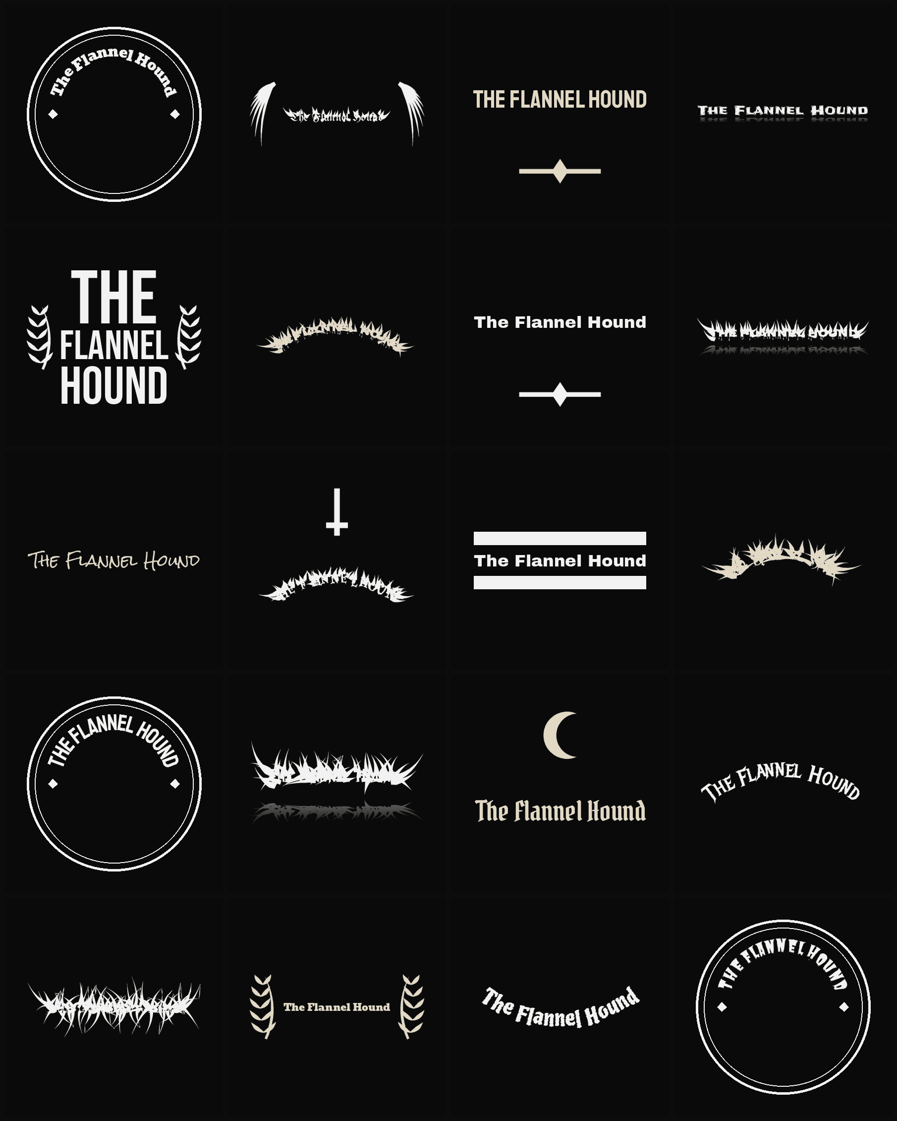 Twenty The Flannel Hound band logo ideas — different faces, treatments and spike settings
