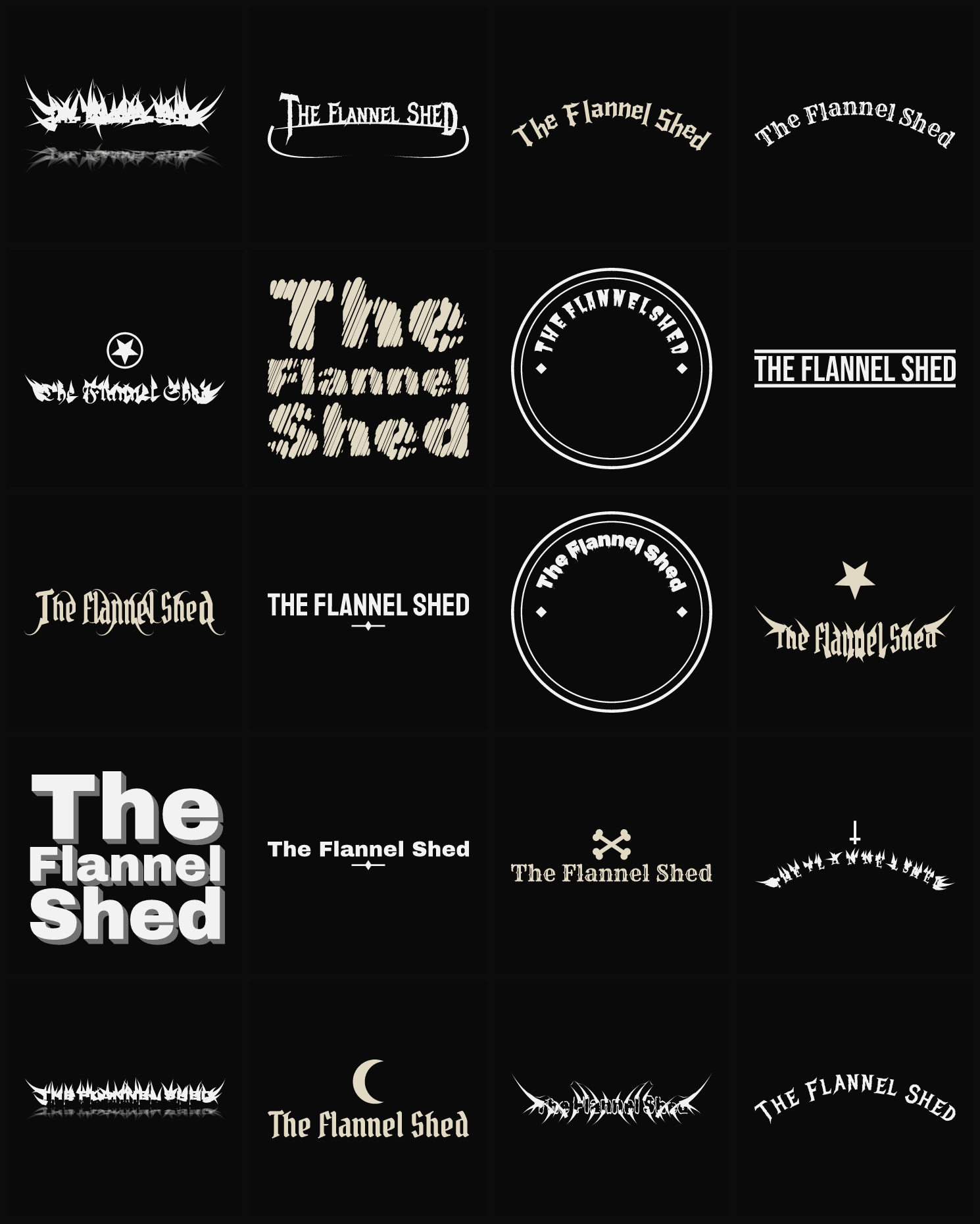 Twenty The Flannel Shed band logo ideas — different faces, treatments and spike settings