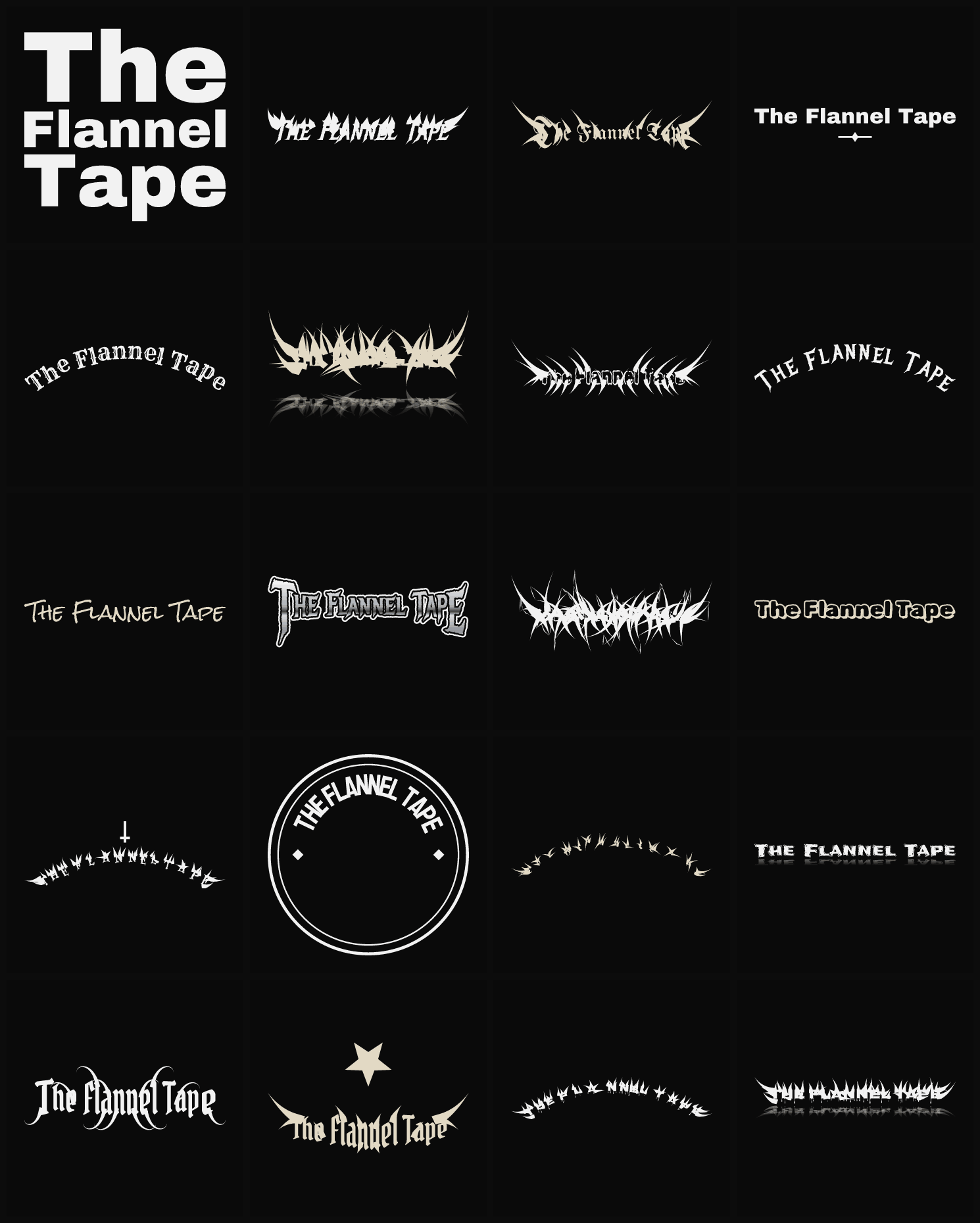 Twenty The Flannel Tape band logo ideas — different faces, treatments and spike settings
