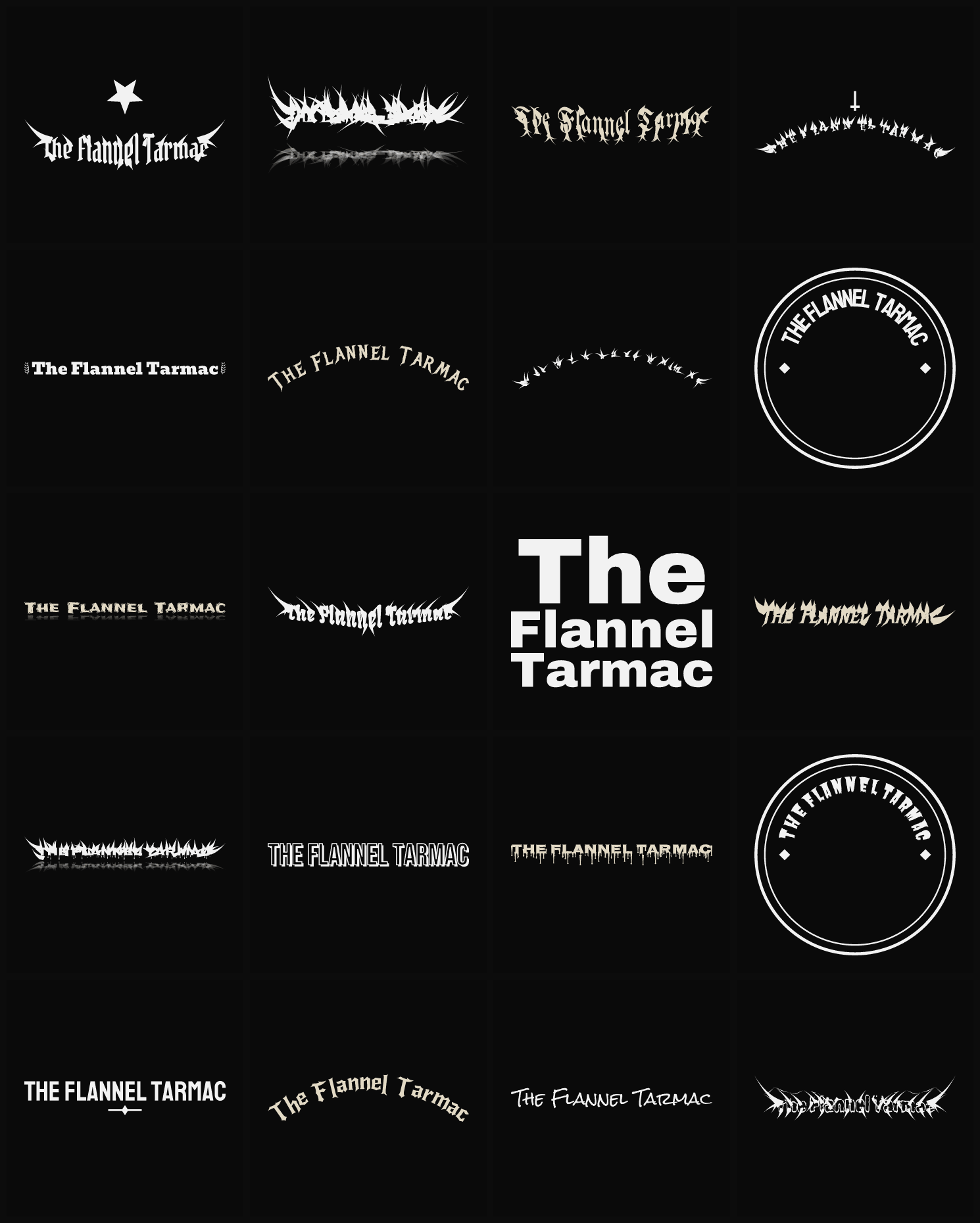 Twenty The Flannel Tarmac band logo ideas — different faces, treatments and spike settings