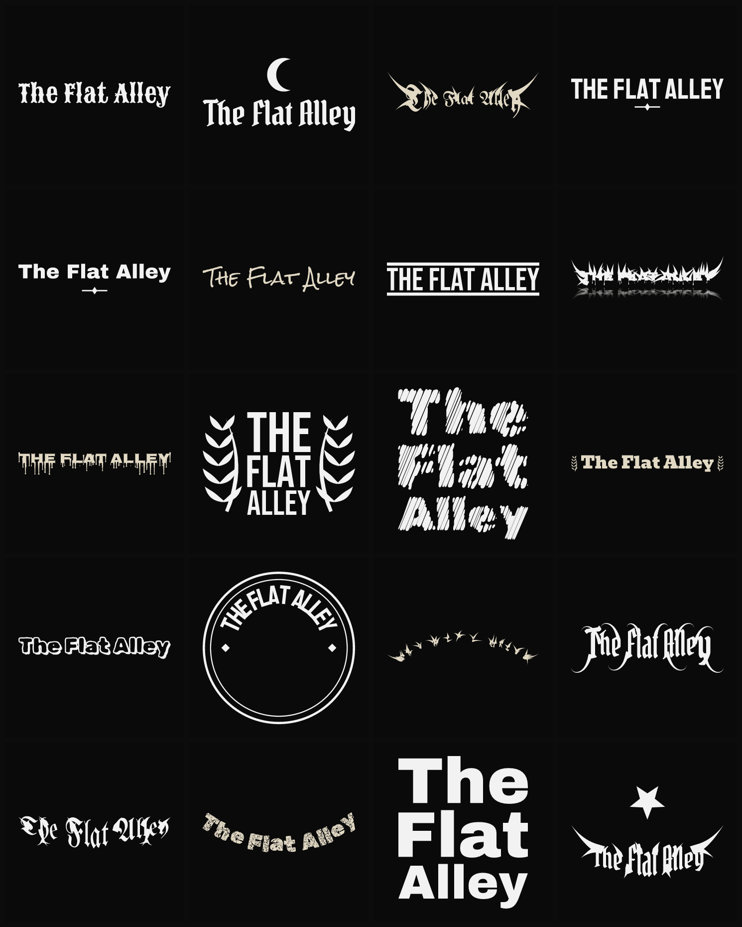 Twenty The Flat Alley band logo ideas — different faces, treatments and spike settings