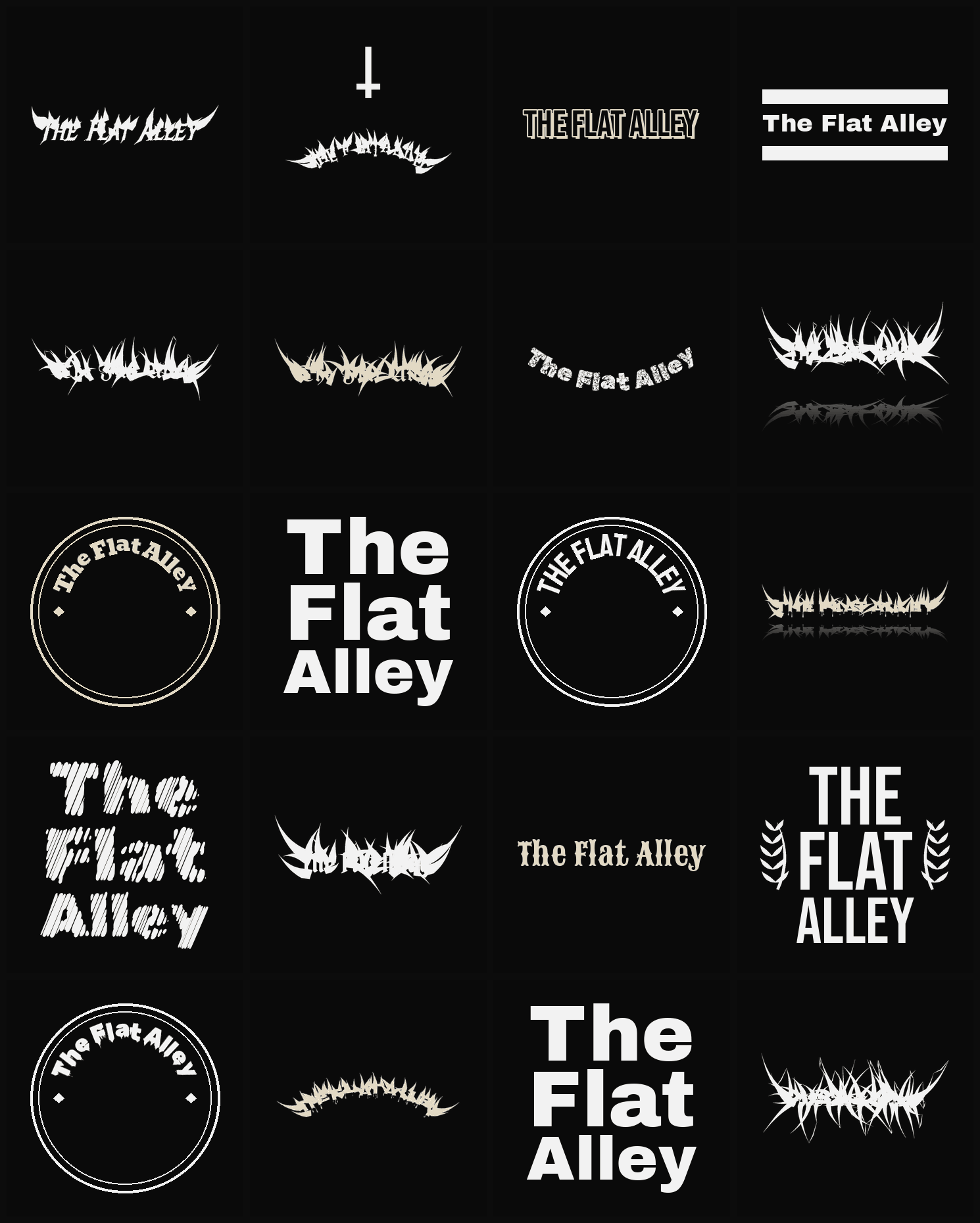 Twenty The Flat Alley band logo ideas — different faces, treatments and spike settings
