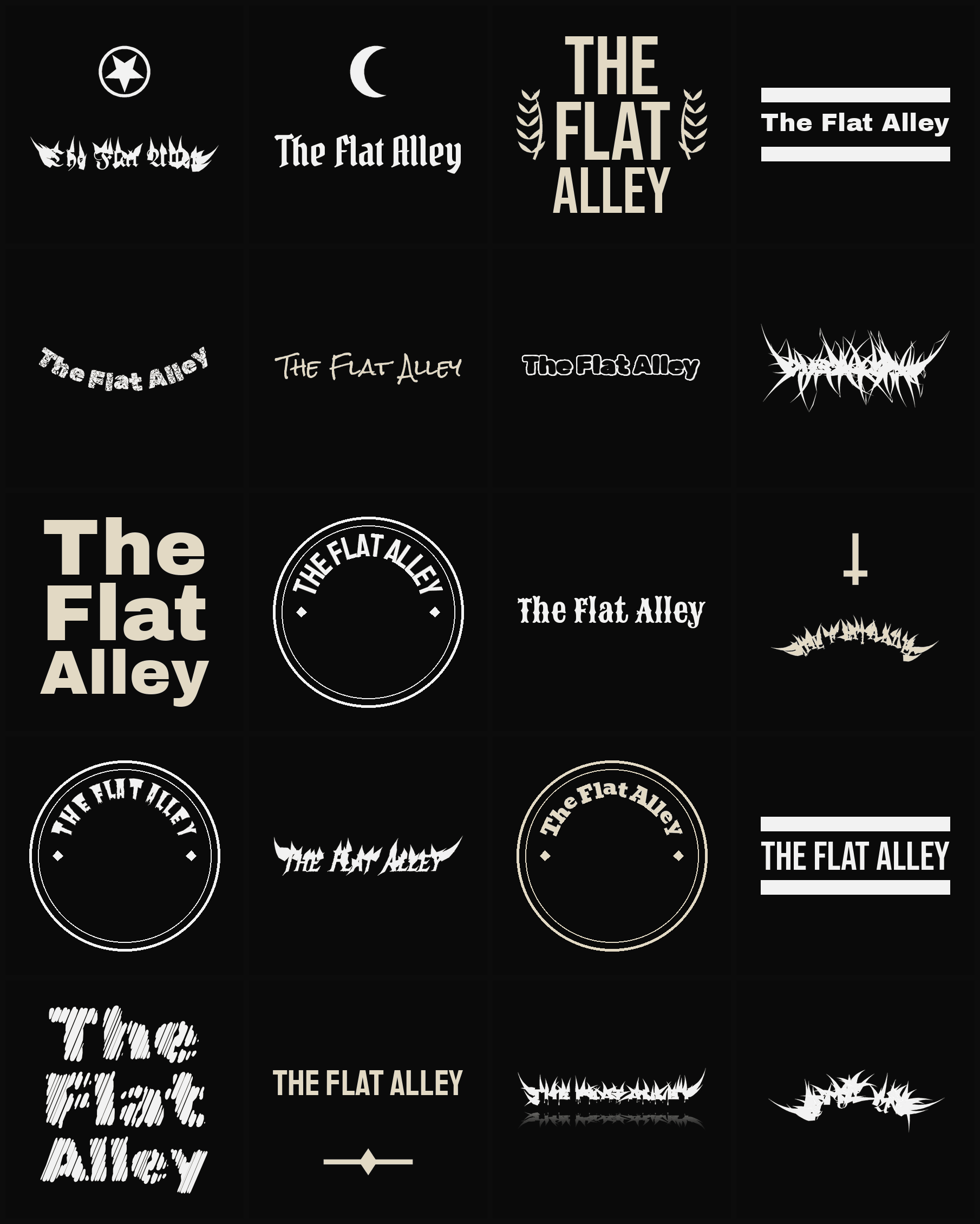 Twenty The Flat Alley band logo ideas — different faces, treatments and spike settings