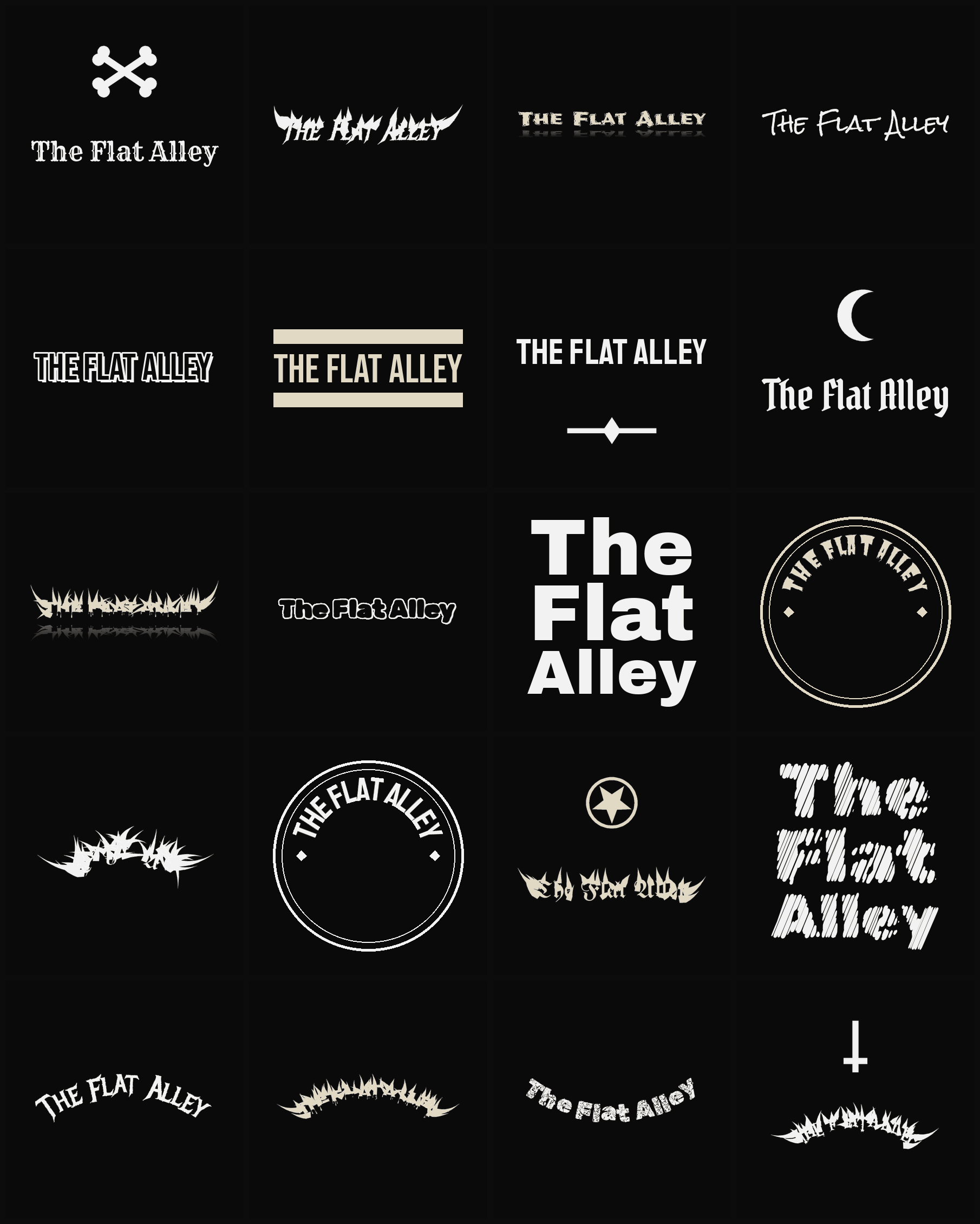 Twenty The Flat Alley band logo ideas — different faces, treatments and spike settings