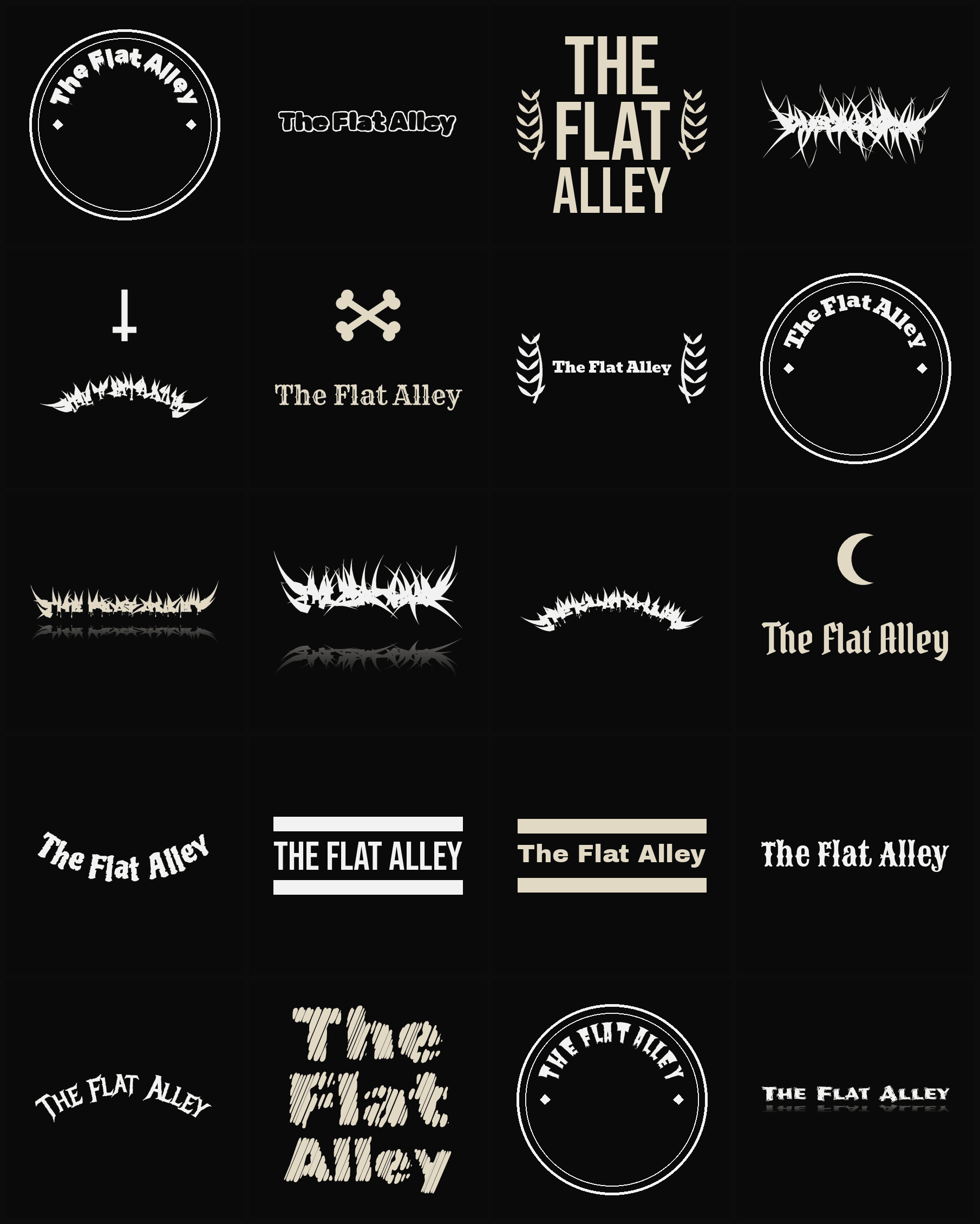 Twenty The Flat Alley band logo ideas — different faces, treatments and spike settings