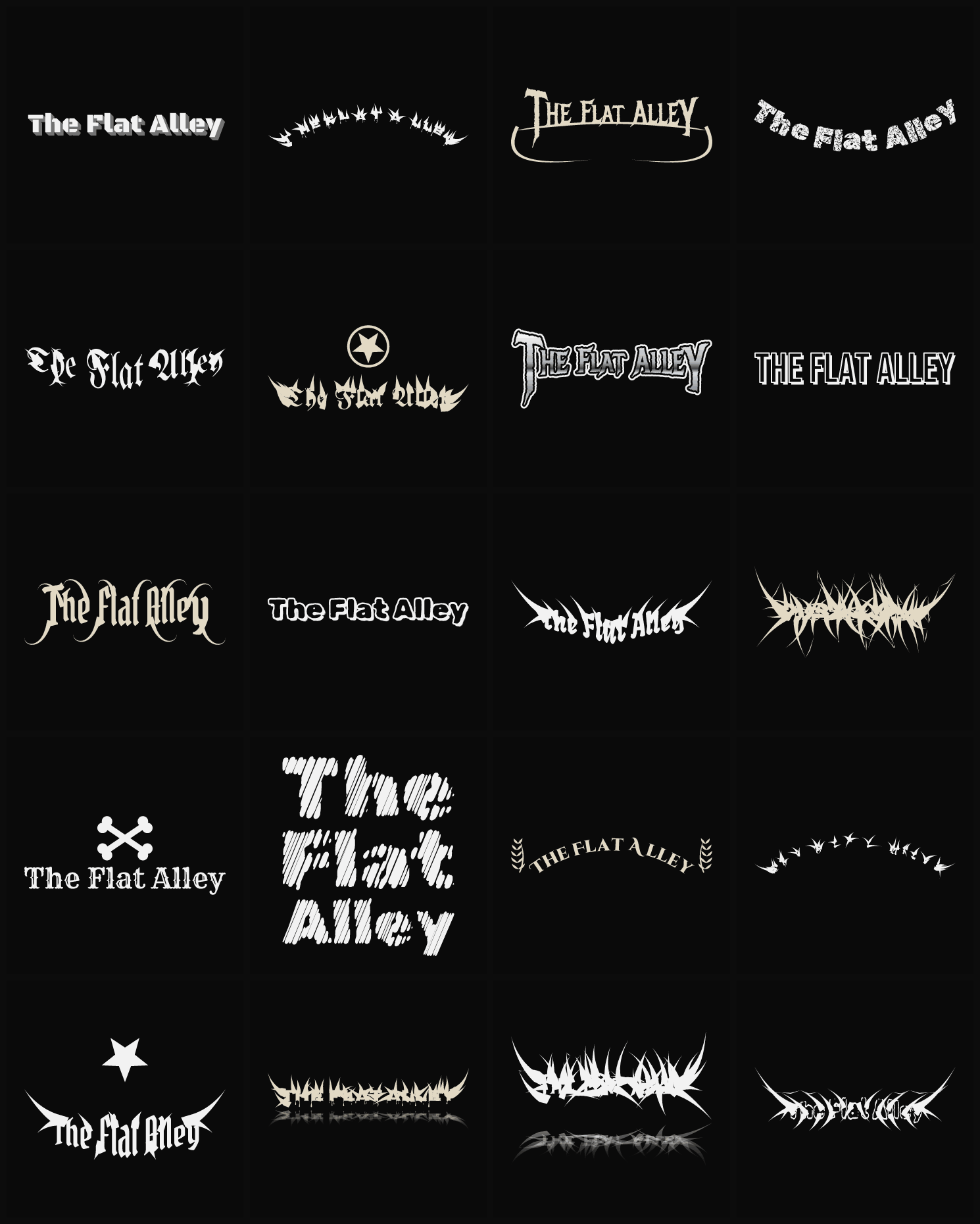 Twenty The Flat Alley band logo ideas — different faces, treatments and spike settings