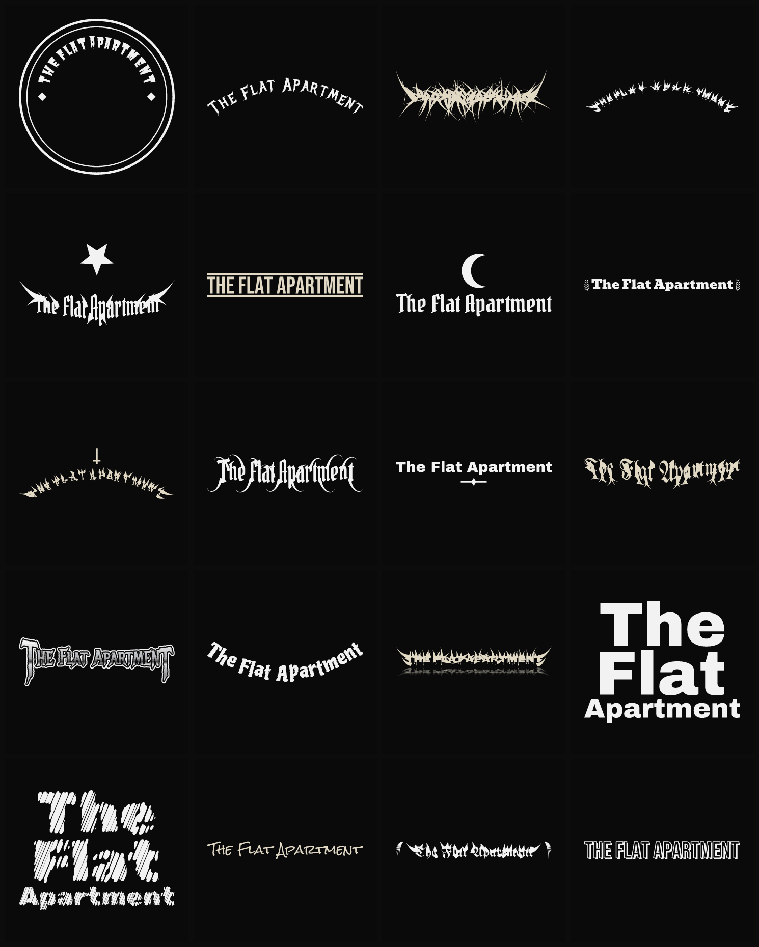 Twenty The Flat Apartment band logo ideas — different faces, treatments and spike settings