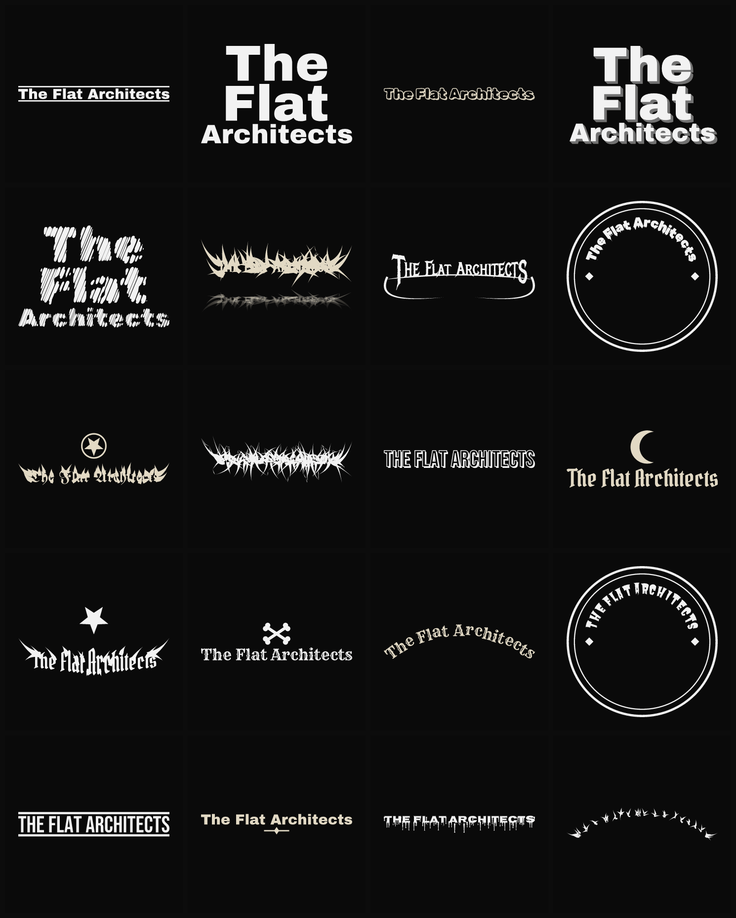 Twenty The Flat Architects band logo ideas — different faces, treatments and spike settings