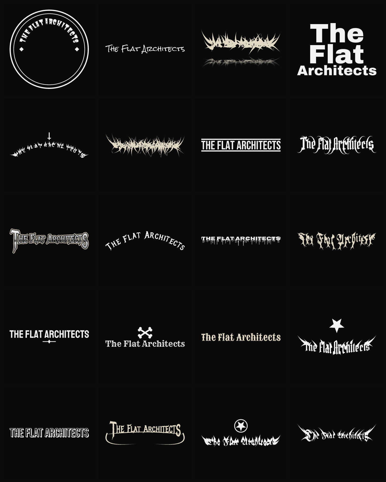 Twenty The Flat Architects band logo ideas — different faces, treatments and spike settings