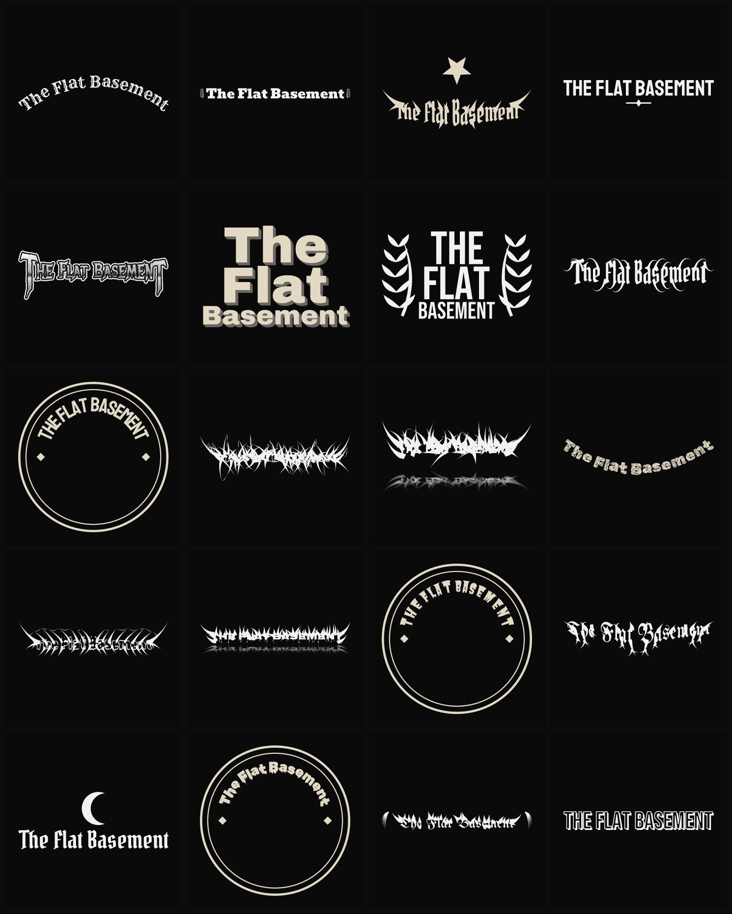 Twenty The Flat Basement band logo ideas — different faces, treatments and spike settings