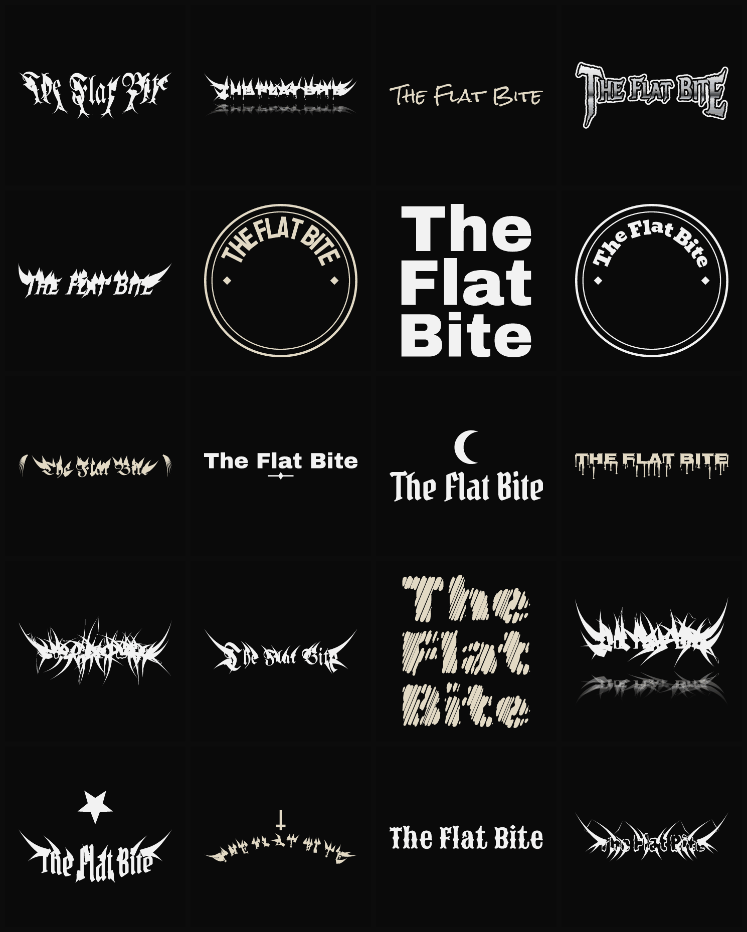 Twenty The Flat Bite band logo ideas — different faces, treatments and spike settings