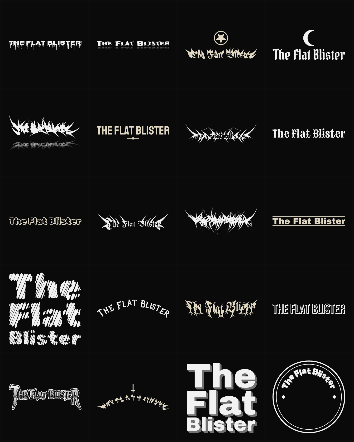 Twenty The Flat Blister band logo ideas — different faces, treatments and spike settings