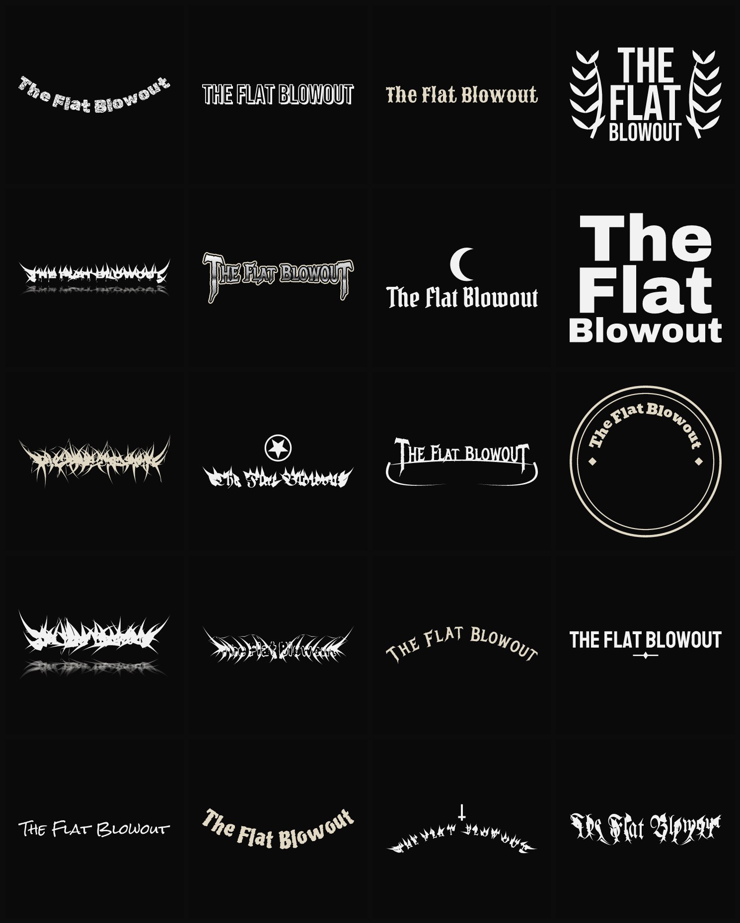 Twenty The Flat Blowout band logo ideas — different faces, treatments and spike settings