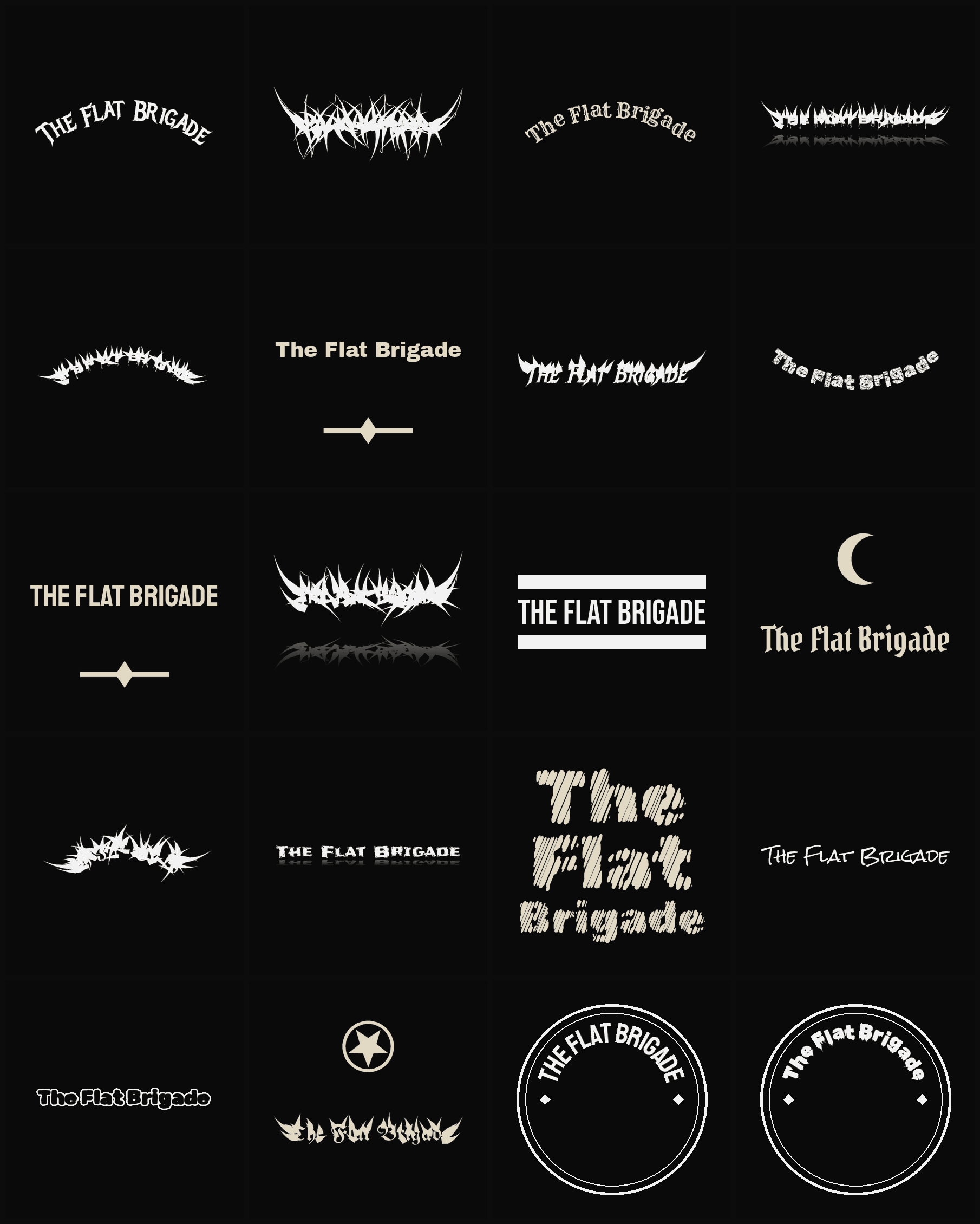 Twenty The Flat Brigade band logo ideas — different faces, treatments and spike settings
