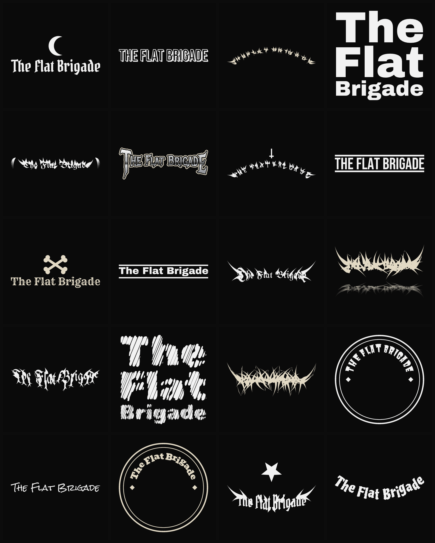 Twenty The Flat Brigade band logo ideas — different faces, treatments and spike settings