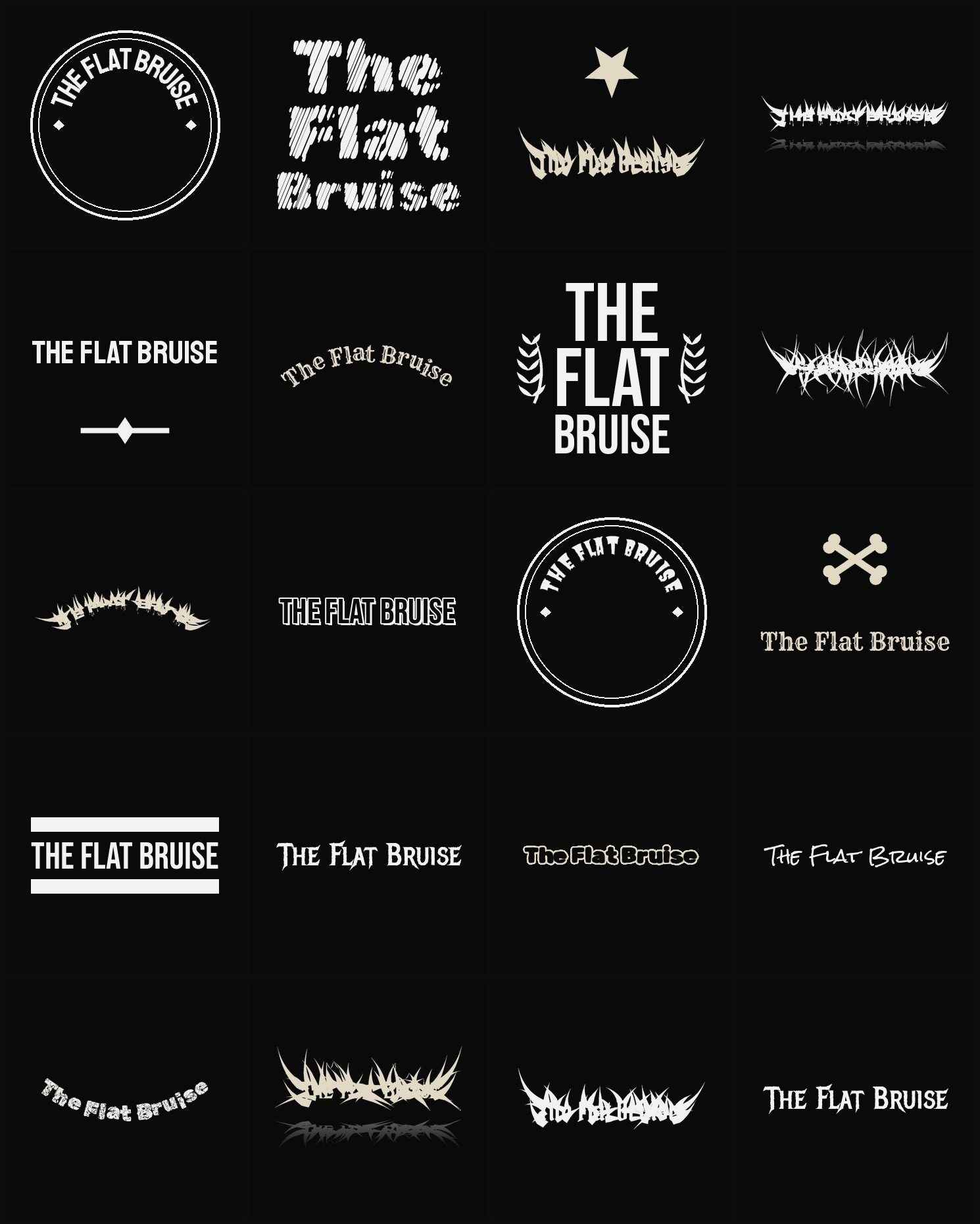 Twenty The Flat Bruise band logo ideas — different faces, treatments and spike settings