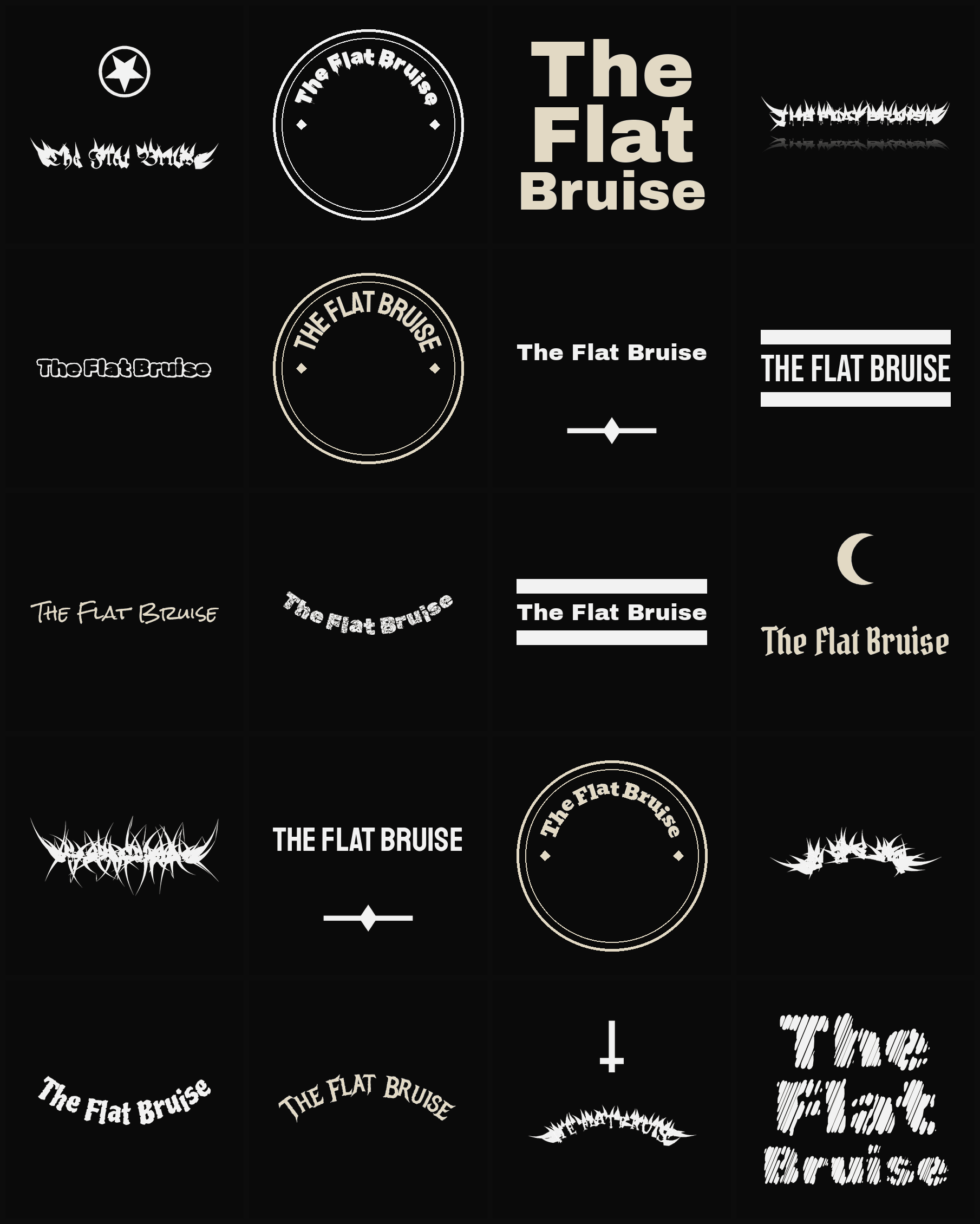 Twenty The Flat Bruise band logo ideas — different faces, treatments and spike settings