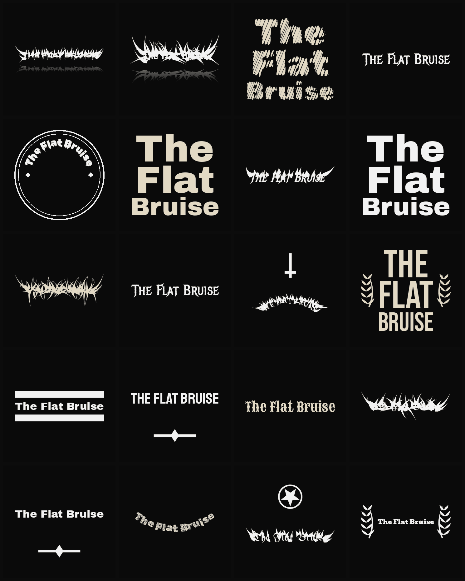 Twenty The Flat Bruise band logo ideas — different faces, treatments and spike settings