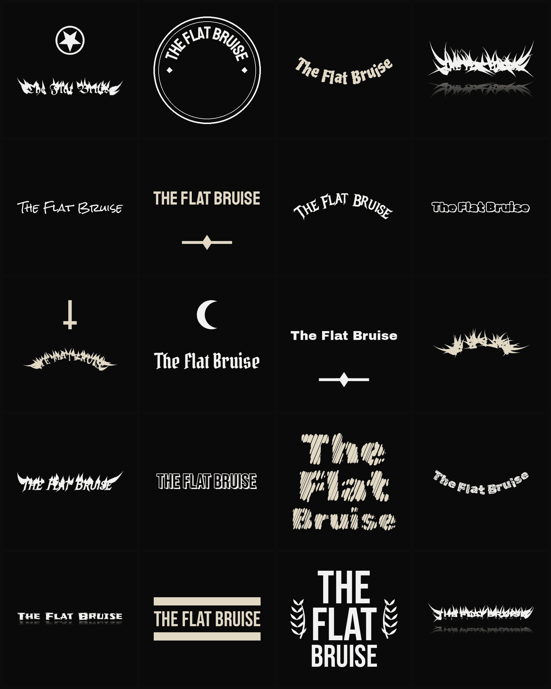 Twenty The Flat Bruise band logo ideas — different faces, treatments and spike settings