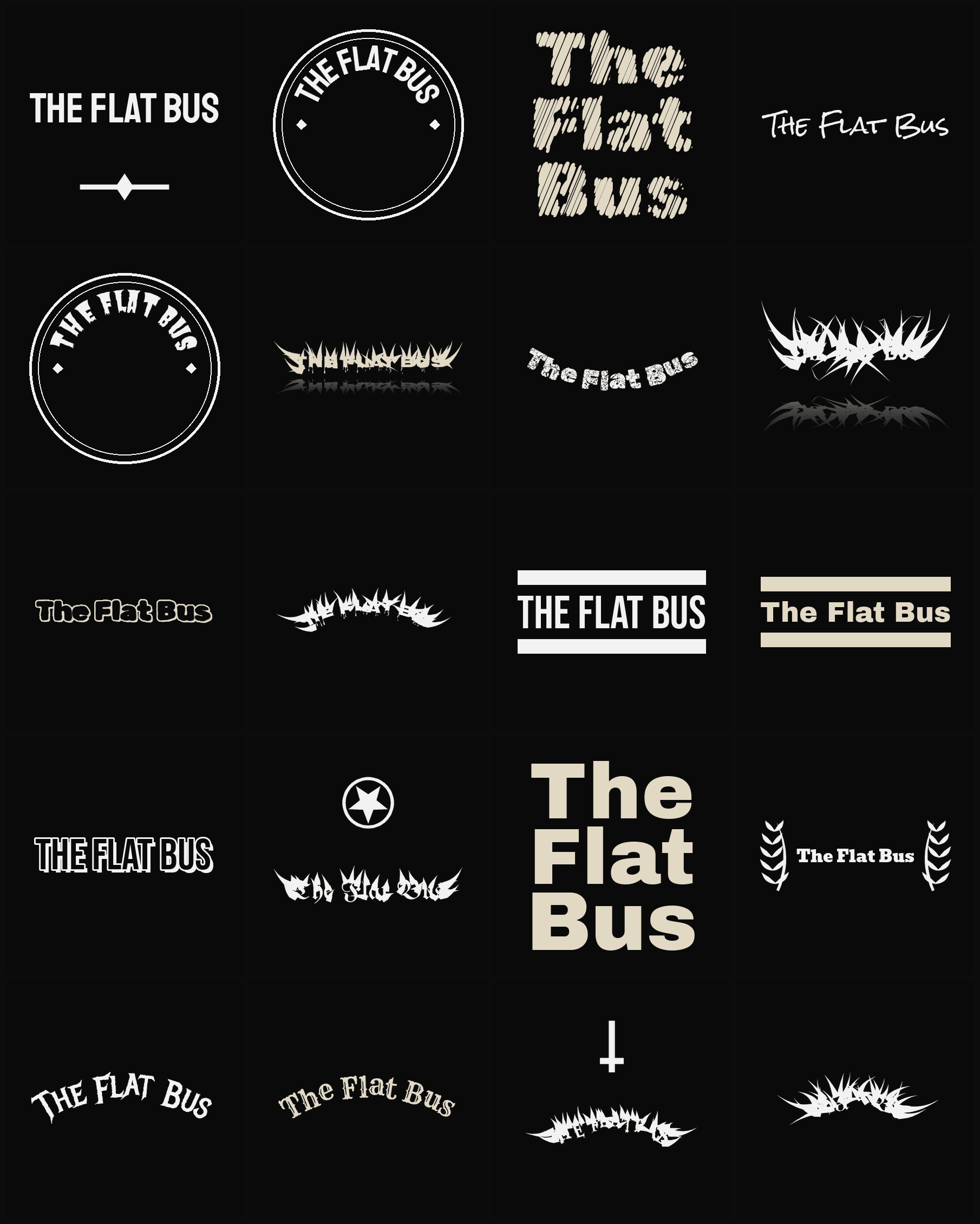 Twenty The Flat Bus band logo ideas — different faces, treatments and spike settings