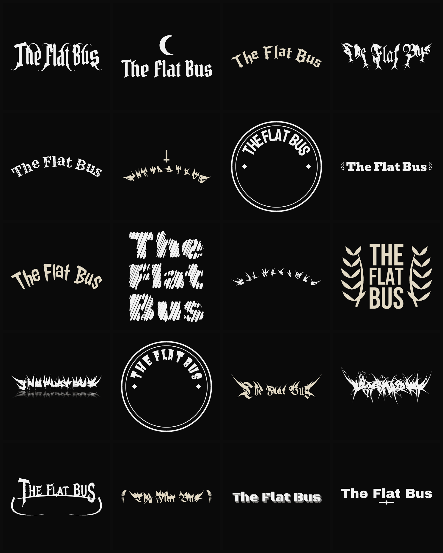 Twenty The Flat Bus band logo ideas — different faces, treatments and spike settings