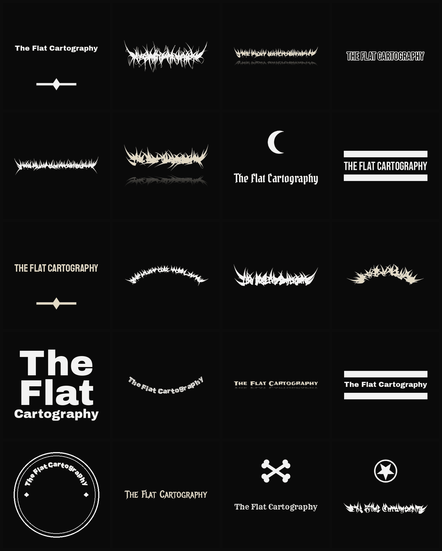 Twenty The Flat Cartography band logo ideas — different faces, treatments and spike settings