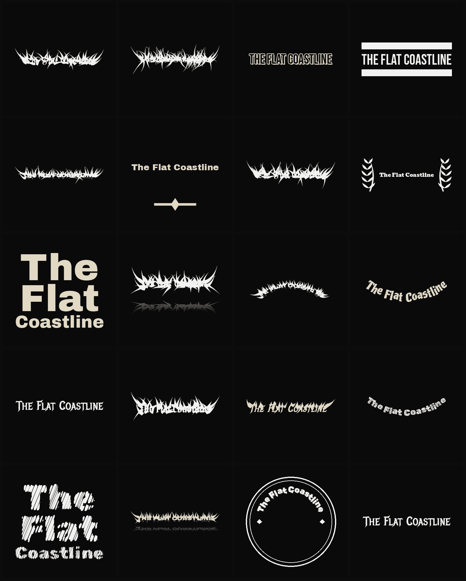 Twenty The Flat Coastline band logo ideas — different faces, treatments and spike settings