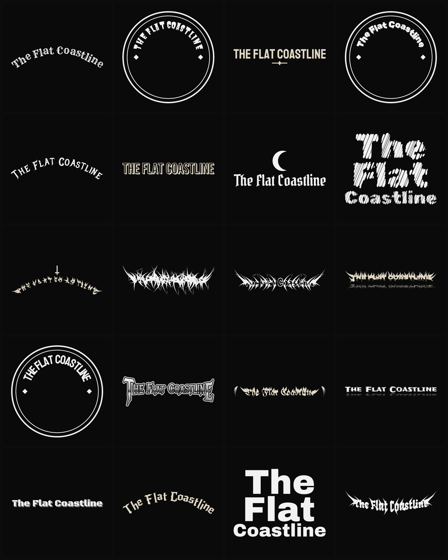 Twenty The Flat Coastline band logo ideas — different faces, treatments and spike settings
