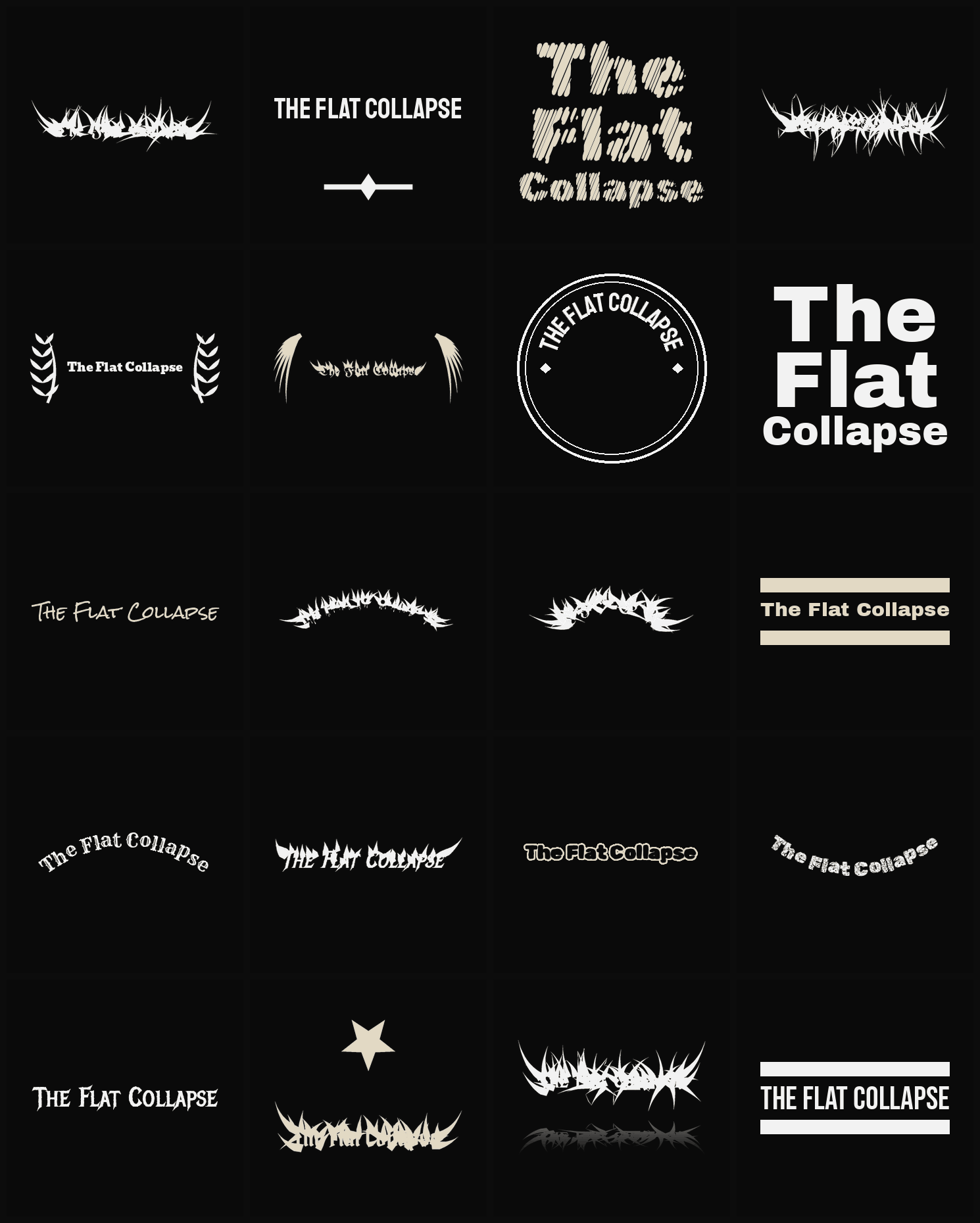 Twenty The Flat Collapse band logo ideas — different faces, treatments and spike settings