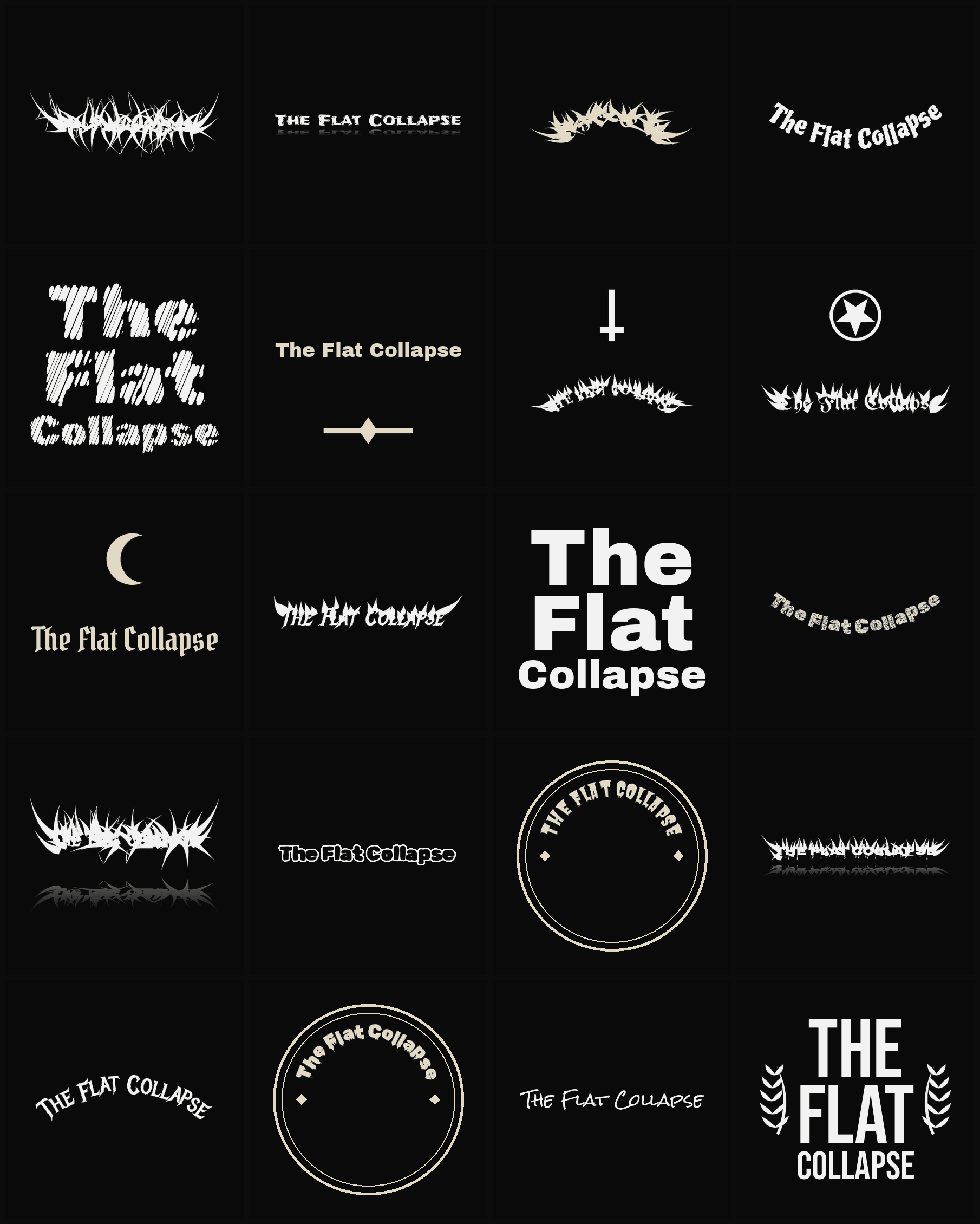 Twenty The Flat Collapse band logo ideas — different faces, treatments and spike settings