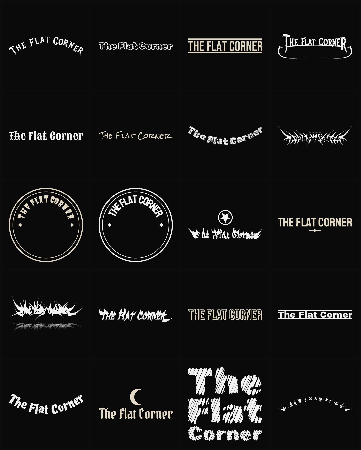 Twenty The Flat Corner band logo ideas — different faces, treatments and spike settings