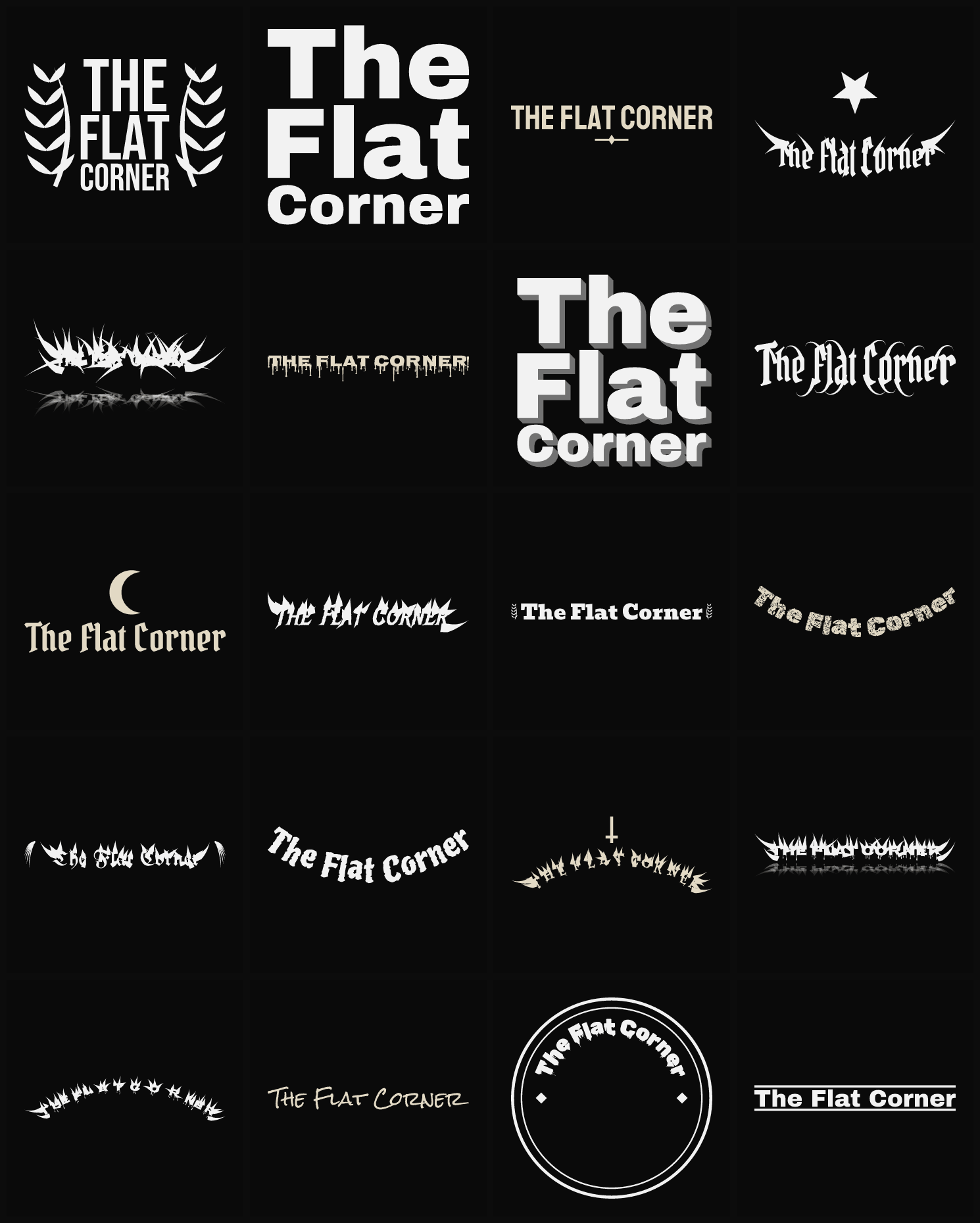 Twenty The Flat Corner band logo ideas — different faces, treatments and spike settings