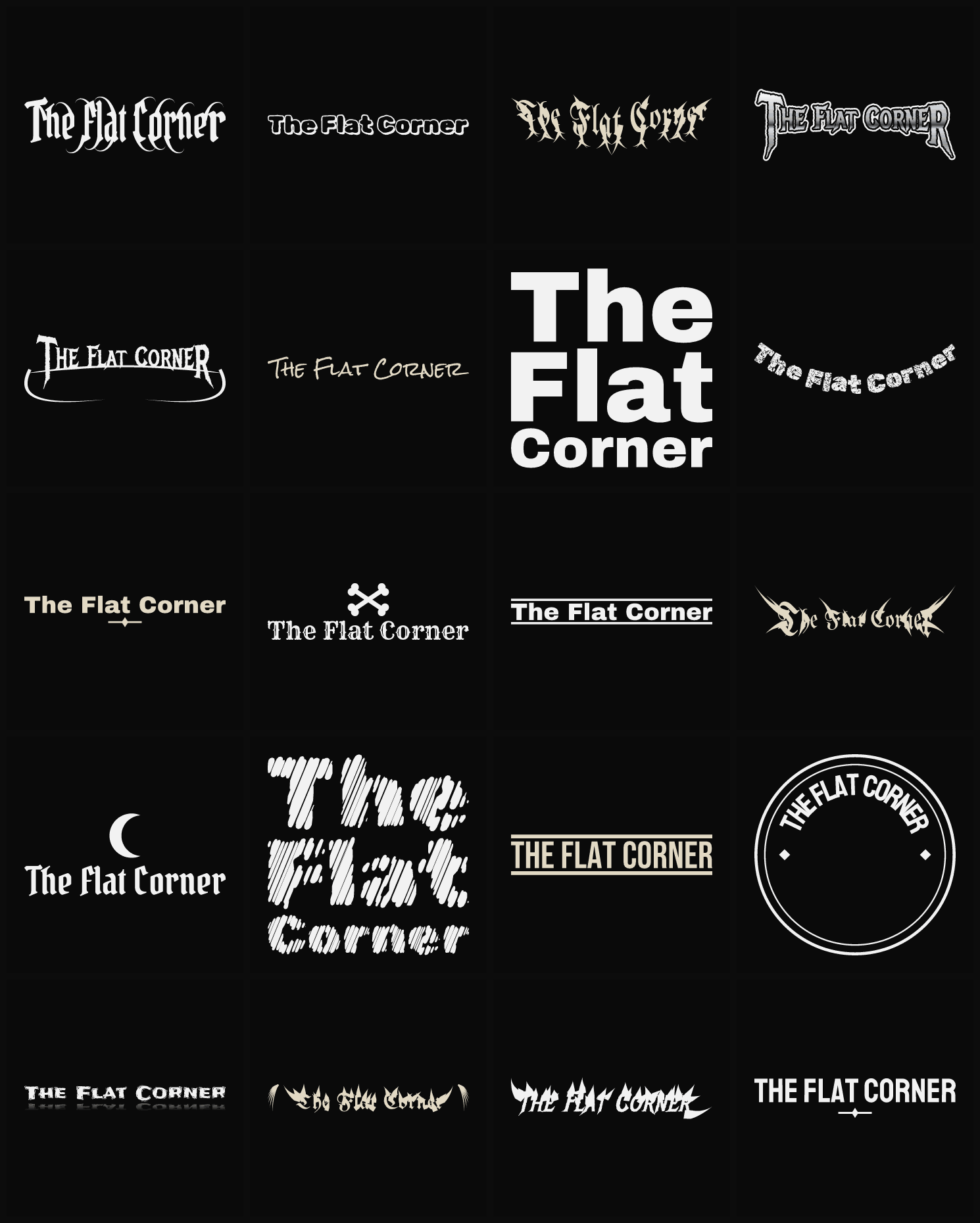 Twenty The Flat Corner band logo ideas — different faces, treatments and spike settings