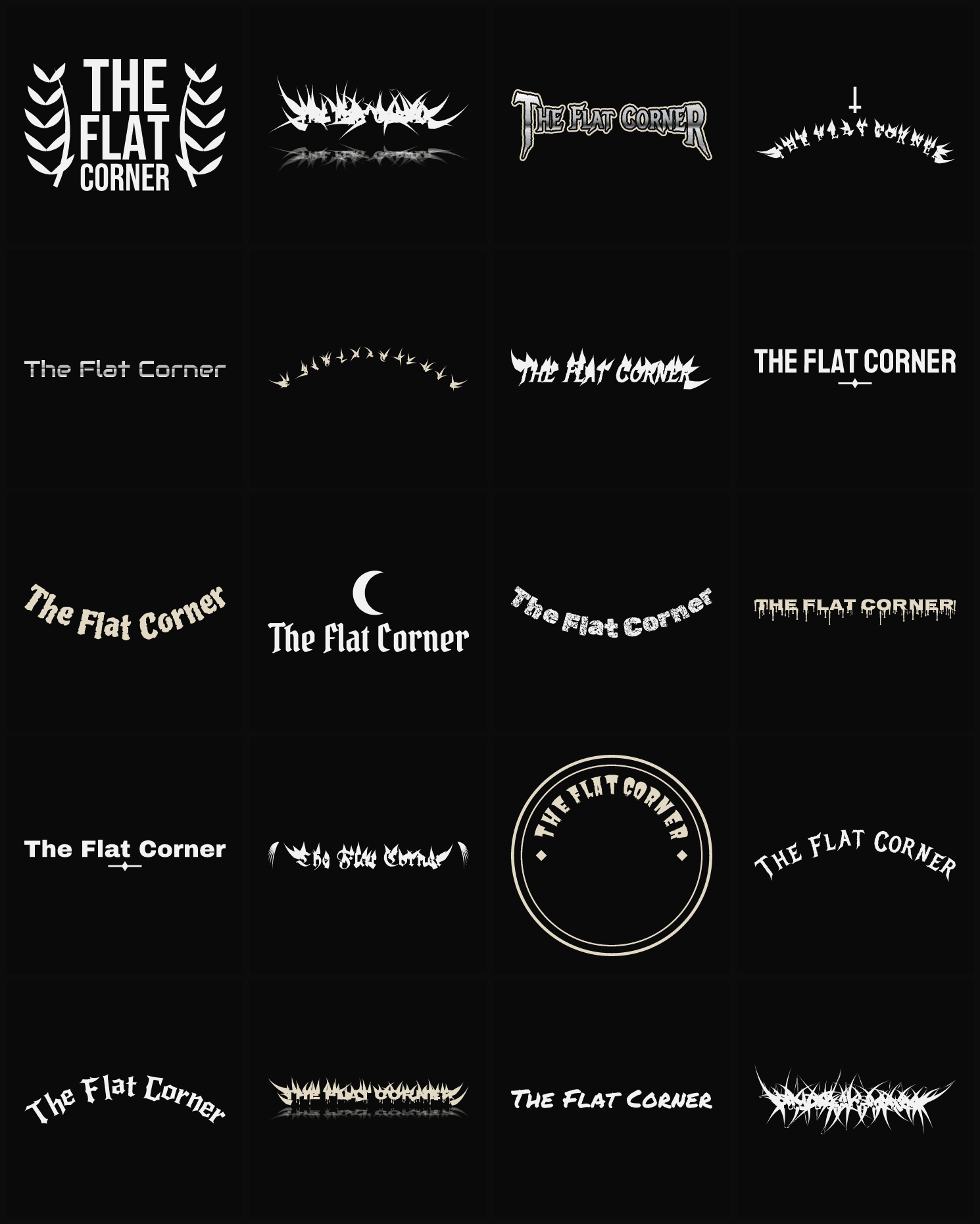 Twenty The Flat Corner band logo ideas — different faces, treatments and spike settings