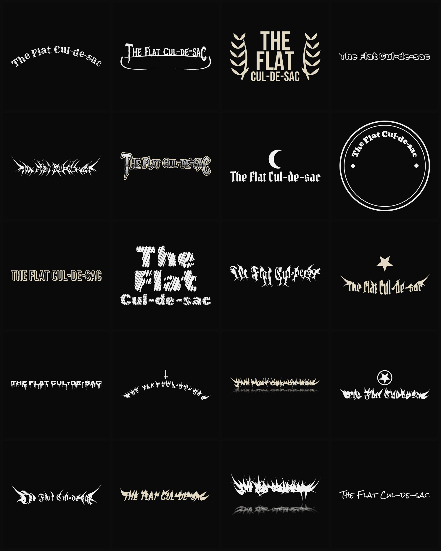 Twenty The Flat Cul-de-sac band logo ideas — different faces, treatments and spike settings