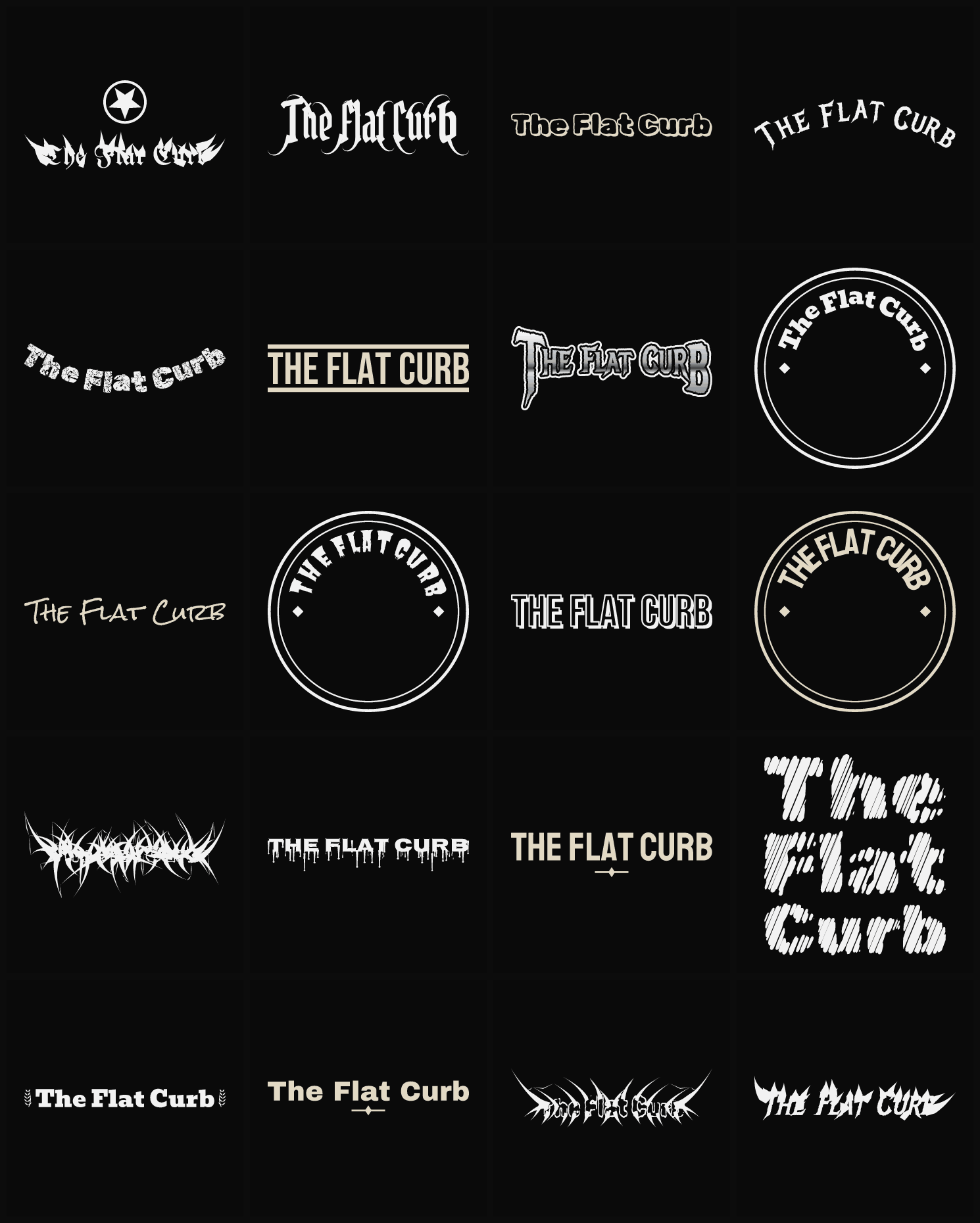 Twenty The Flat Curb band logo ideas — different faces, treatments and spike settings