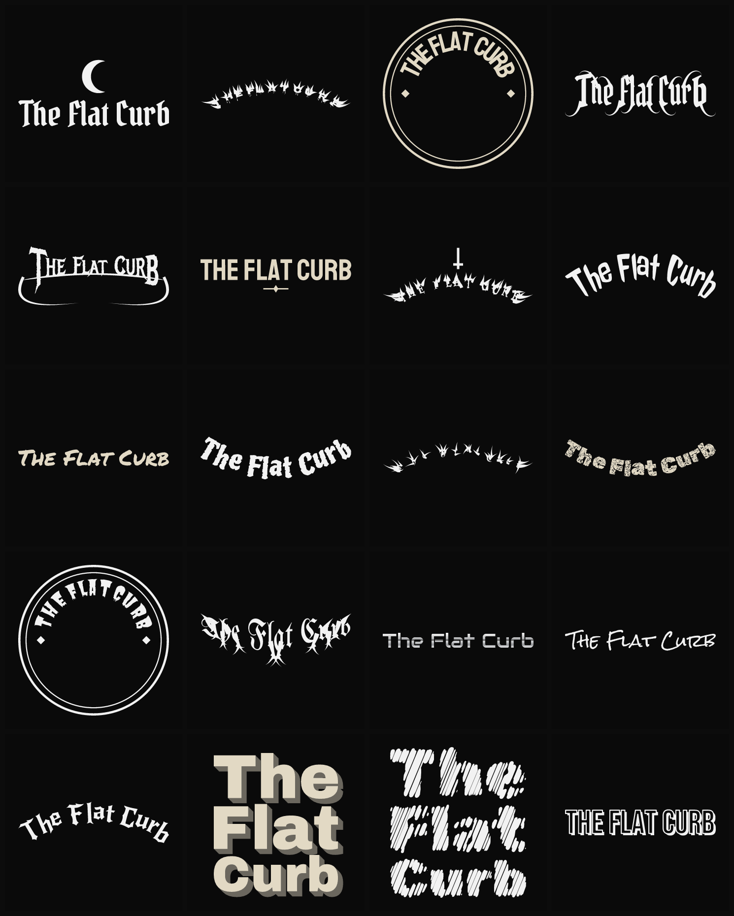 Twenty The Flat Curb band logo ideas — different faces, treatments and spike settings