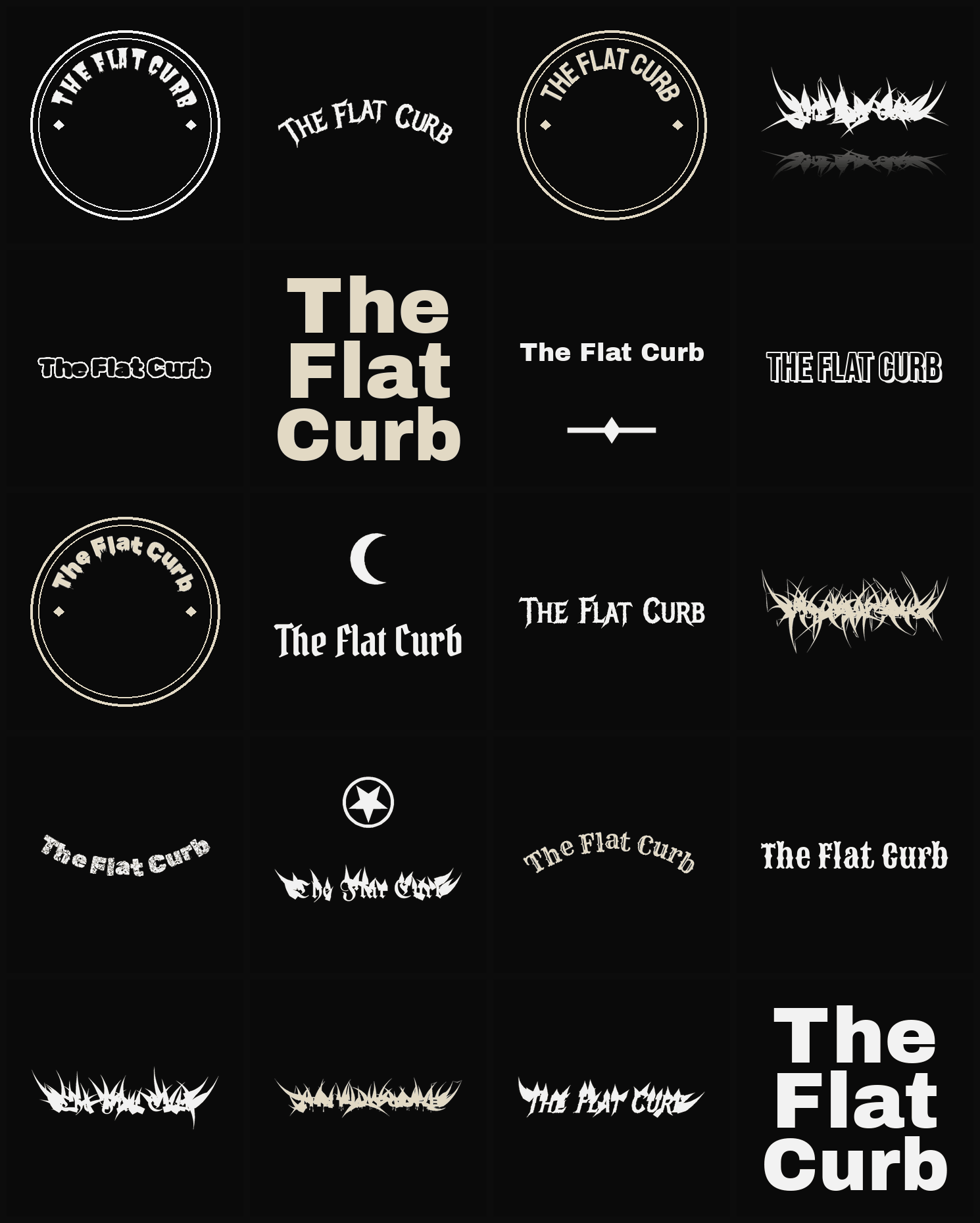 Twenty The Flat Curb band logo ideas — different faces, treatments and spike settings