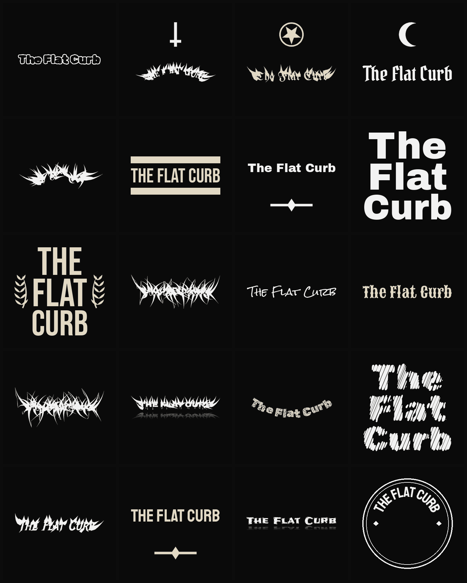 Twenty The Flat Curb band logo ideas — different faces, treatments and spike settings