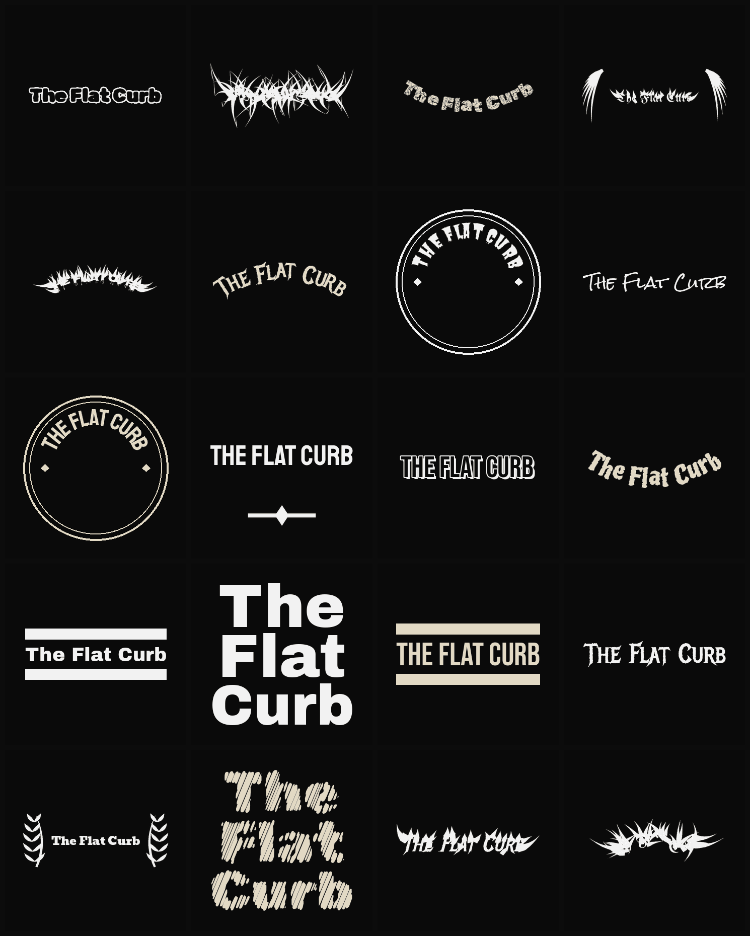 Twenty The Flat Curb band logo ideas — different faces, treatments and spike settings