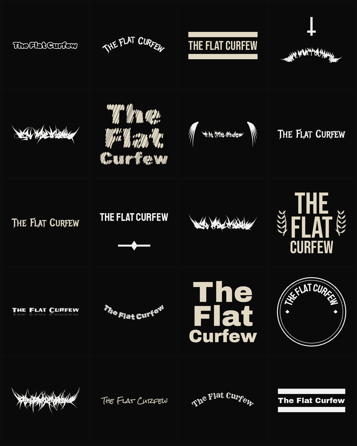 Twenty The Flat Curfew band logo ideas — different faces, treatments and spike settings