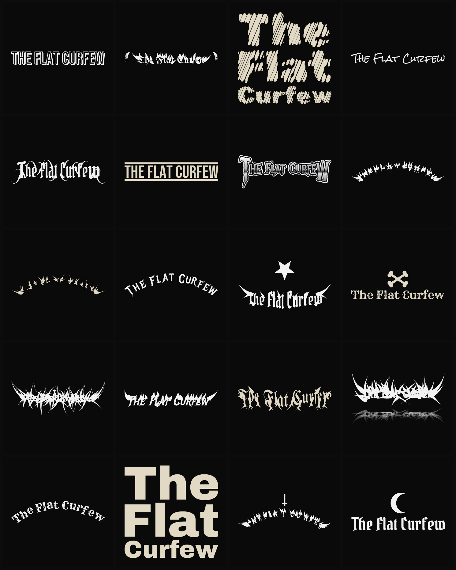 Twenty The Flat Curfew band logo ideas — different faces, treatments and spike settings